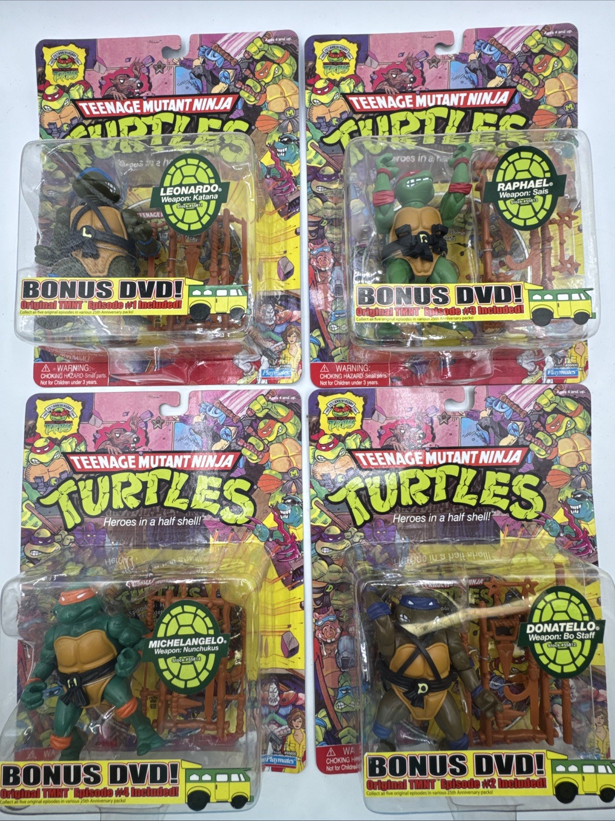 Lot 4 Playmates 2008 TMNT Action Figures +Bonus DVDs Raphael Donatello Leonardo