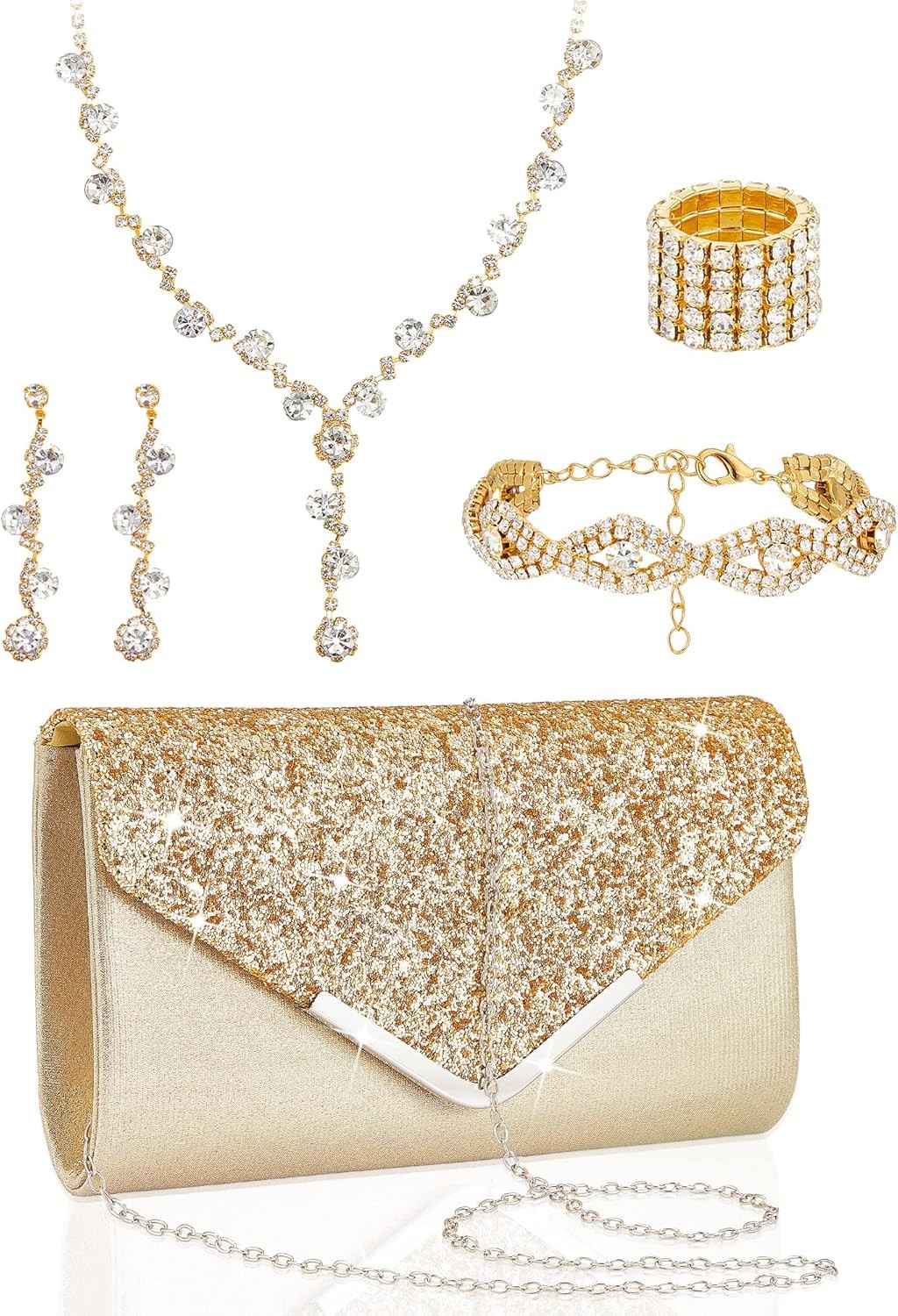 Henoyso 5 Pcs Purse Rhinestone Jewelry Set Prom Jewelry Rhinestone Clutch Purse
