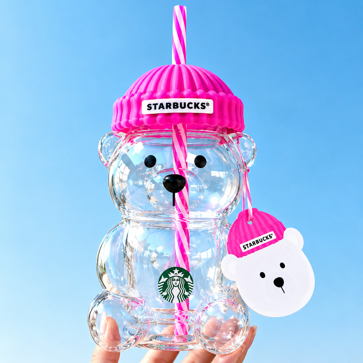 Cute Bear Glass Tumbler Cup with Pink Beanie Hat Lid & Straw