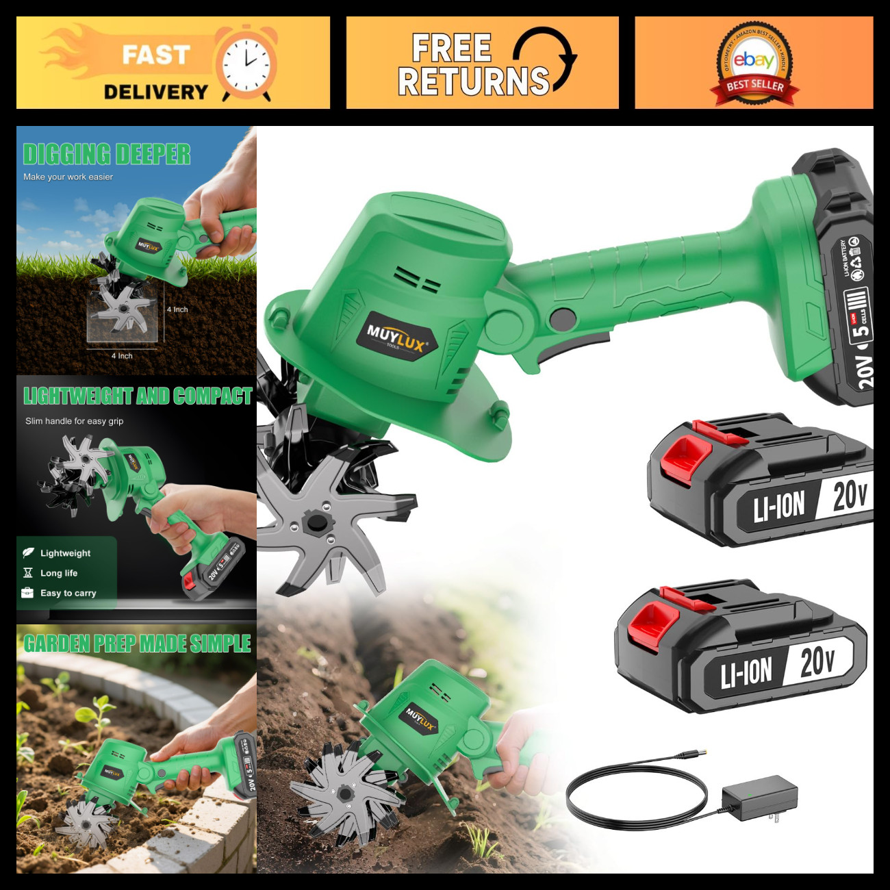 20V Cordless Electric Tiller Cultivator - 2 Batteries & Charger, Garden Soil Too