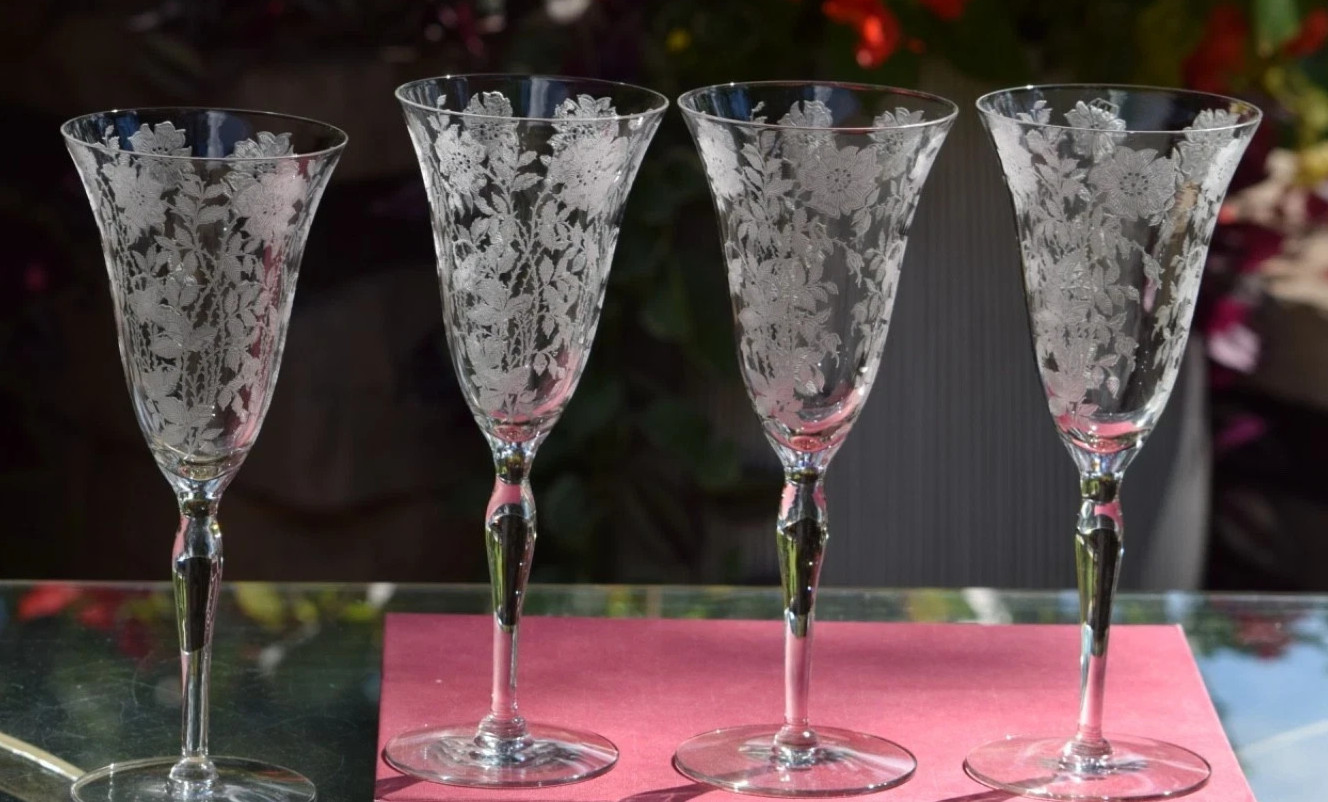 TIFFIN FRANCISCAN CORONET ETCHED FLORAL STEMMED WINE WATER GOBLETS SET LOT 4 EUC