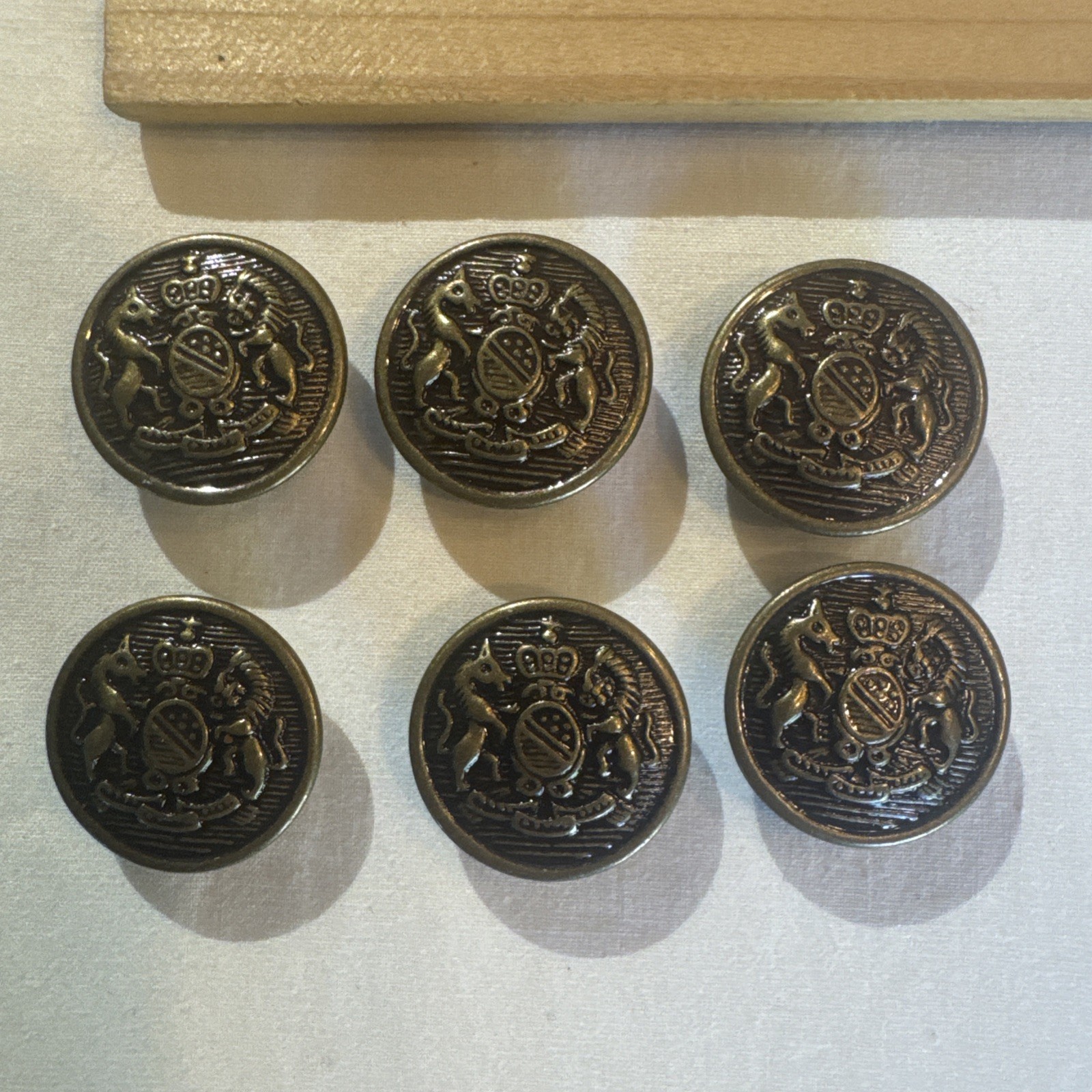 Antique Vtg Livery Buttons 6 Gilt Brass Heraldic Coat of Arms Shield Loop Shank