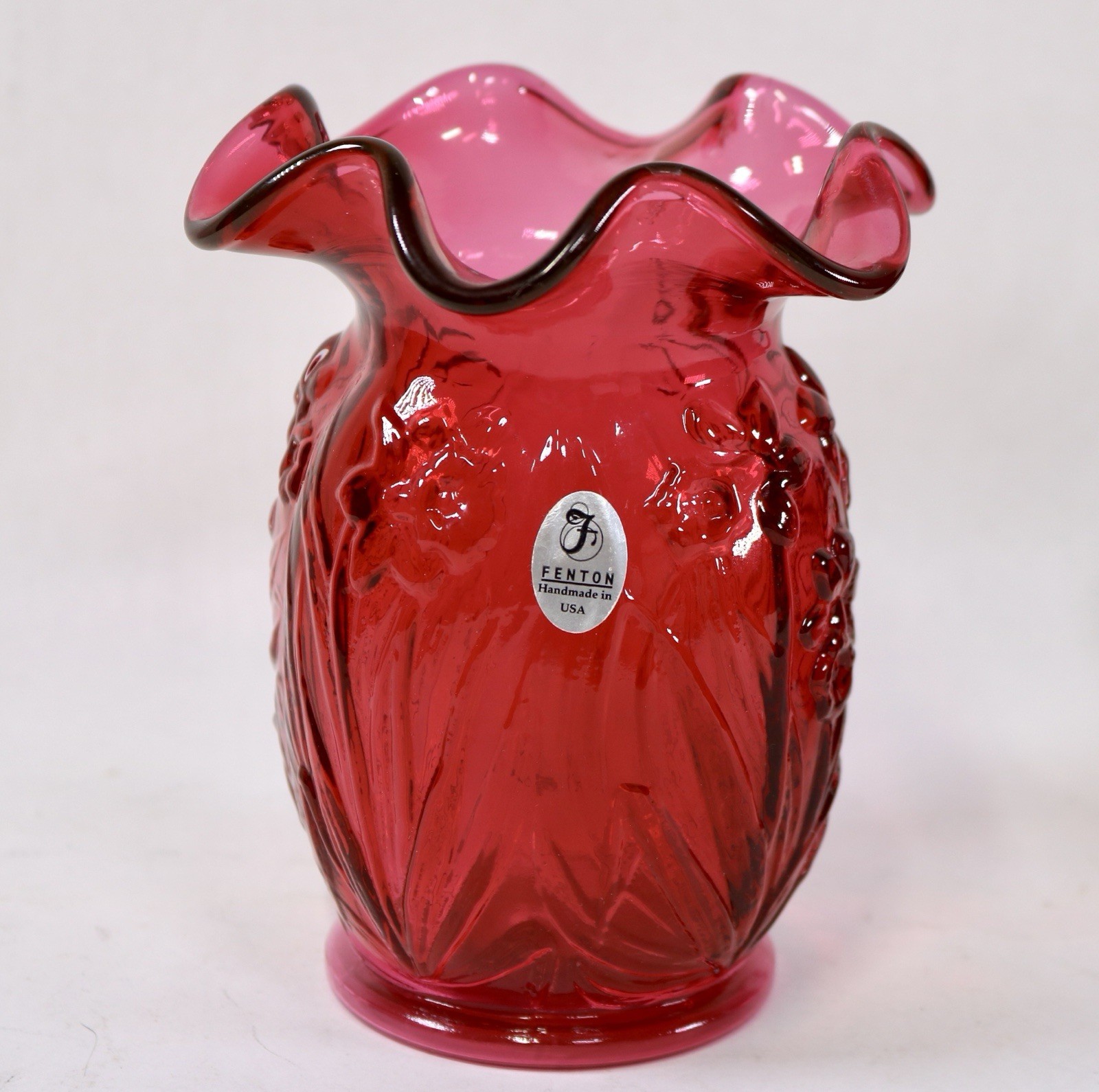 Vintage Fenton Cranberry Glass Daffodil Vase 5.25