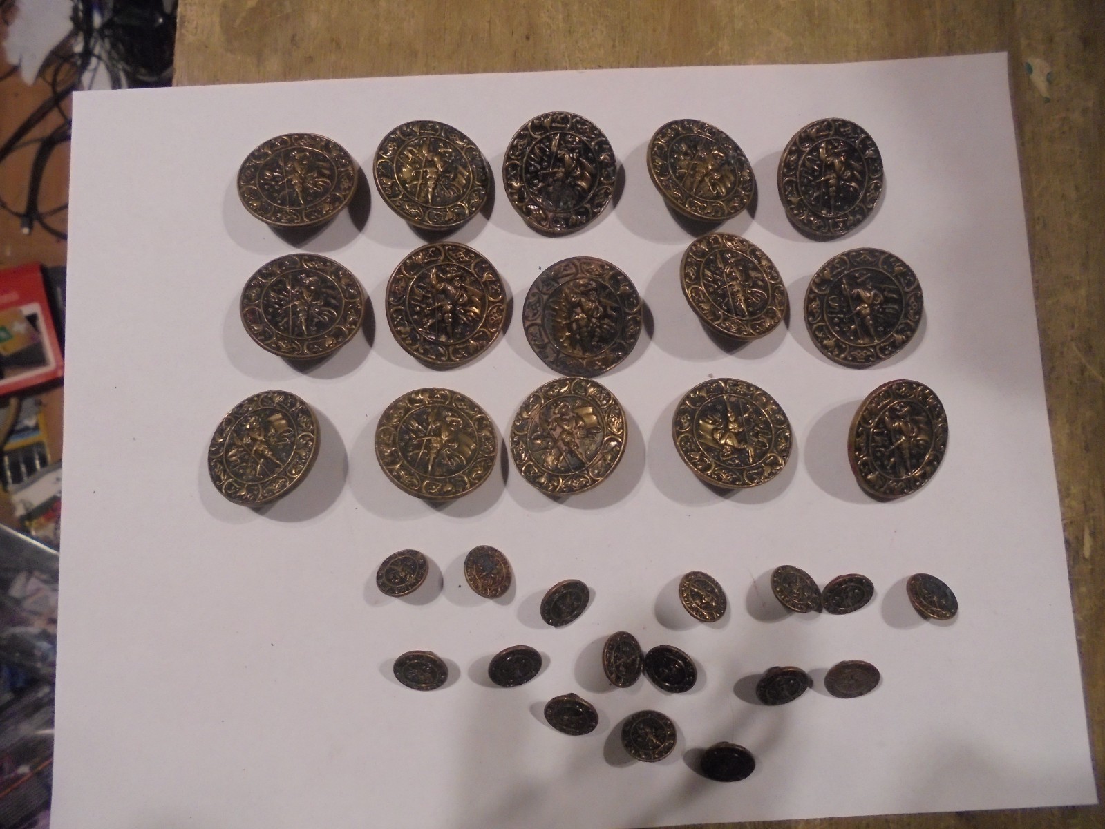 31 Antique Brass French Picture Buttons gentleman walking Shank back. 1 1/4