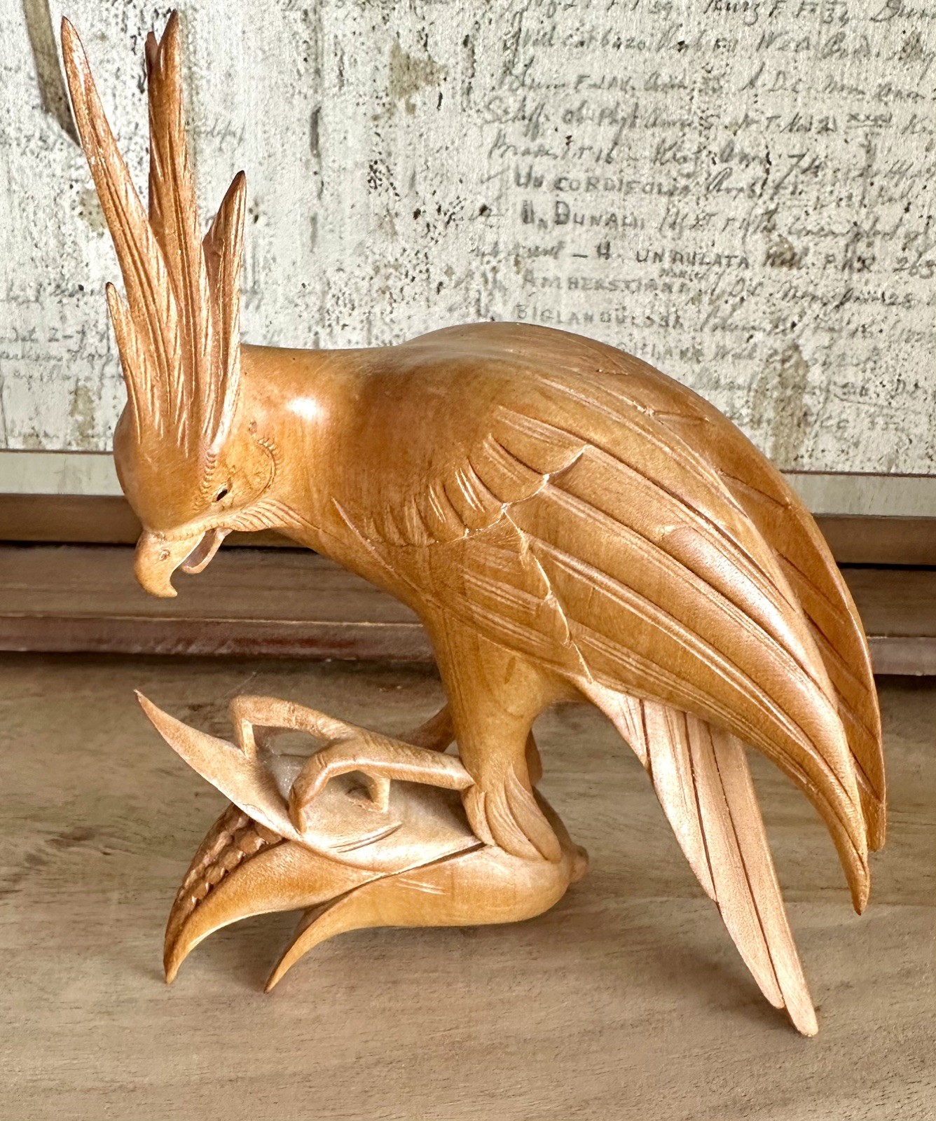 Vintage Balinese Signed FineArt HandCarved SolidWood Cockatoo Sculpture, ArtDeco