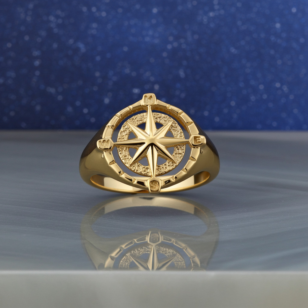 Polished Gold Compass Ring for Women 10K or 14K Yellow Gold Polished Gold Compass Ring for Women 10K or 14K Yellow Gold