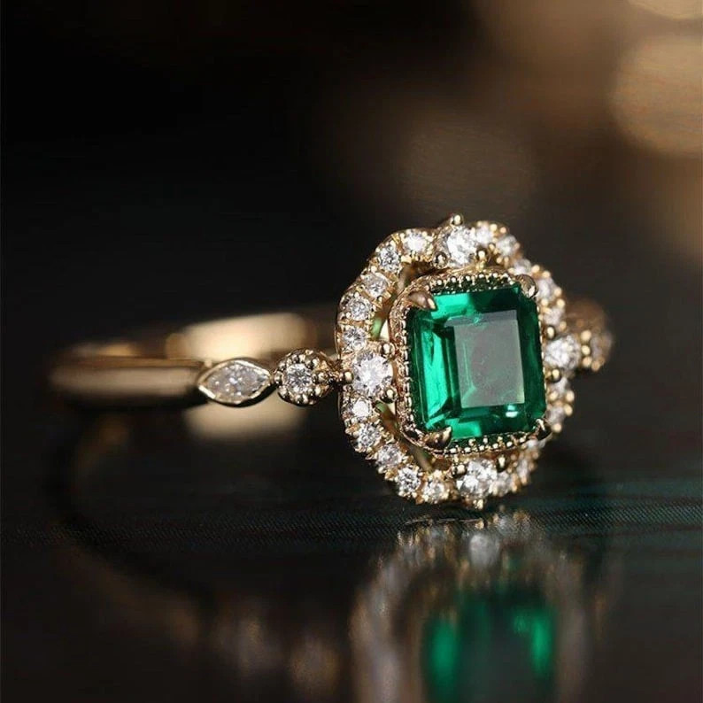 2.60 Ct Emerald Cut Natural Emerald & Diamond Wedding Ring 14K Yellow Gold