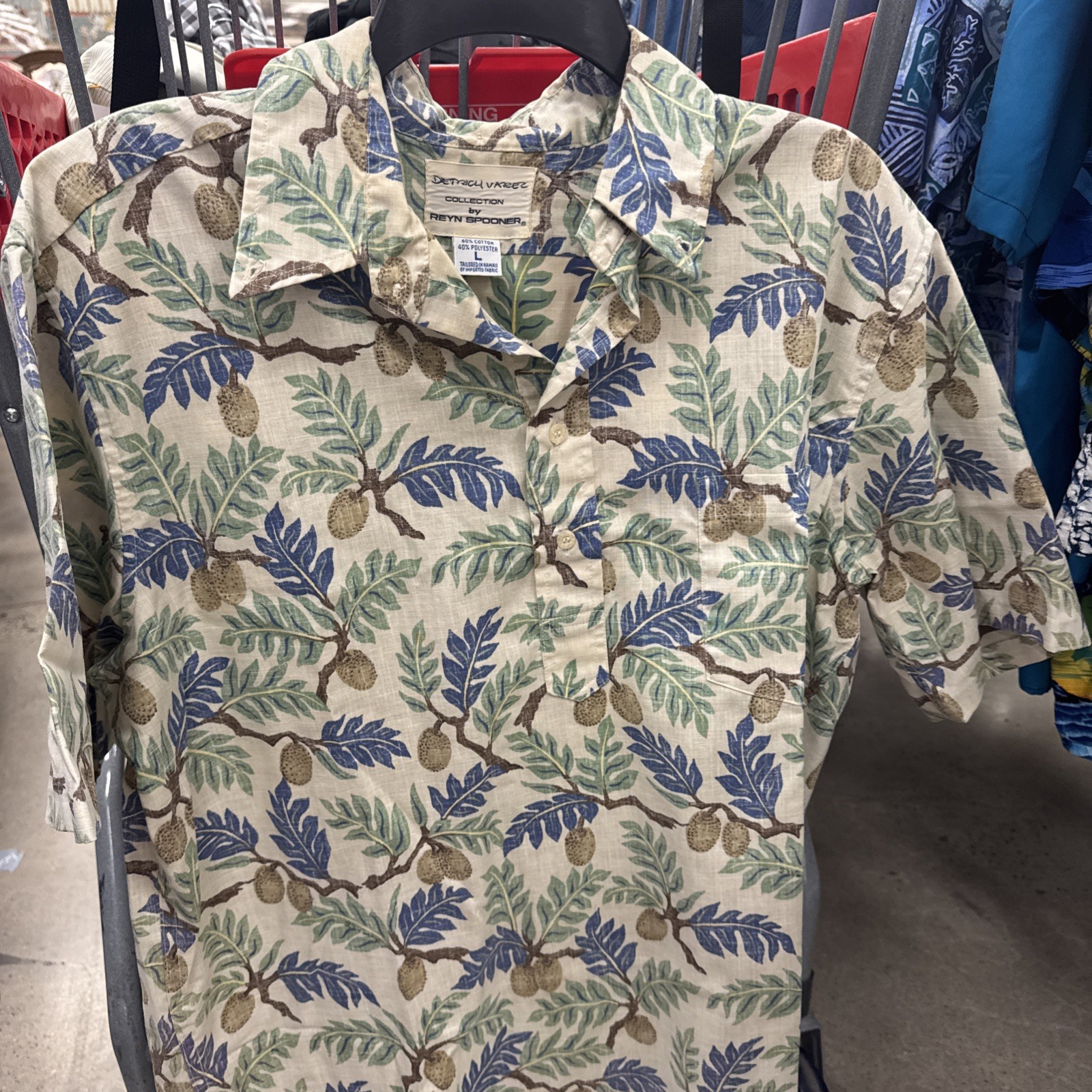 Vtg Y2K Reyn Spooner Sz L Varez Hawaiian Fruit White Blue Green Tree Floral