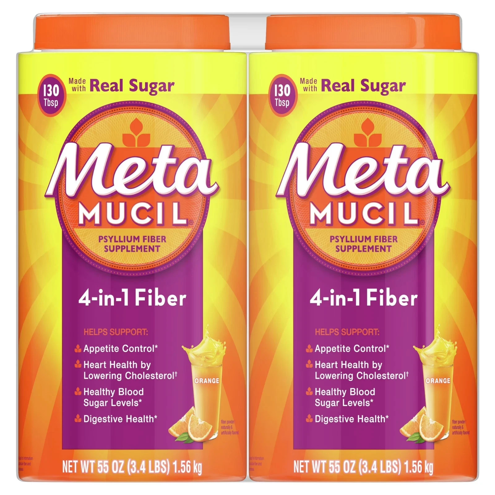 Metamucil Psyllium 4in1 Fiber Supplement Powder, Orange, 55 oz 2 Pack