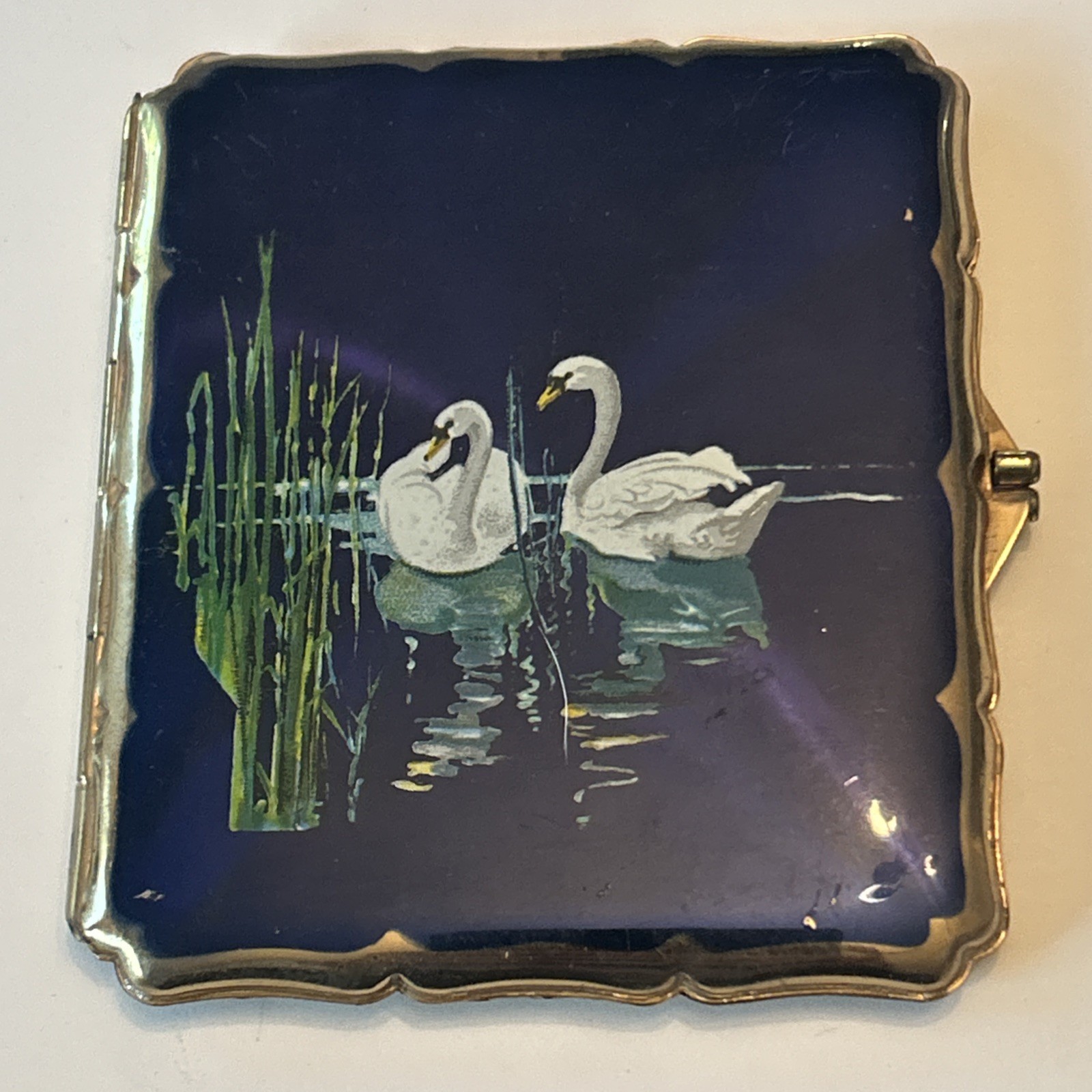 Vintage Stratton Empress Case Blue Enamel Swan Cigarette Card Holder