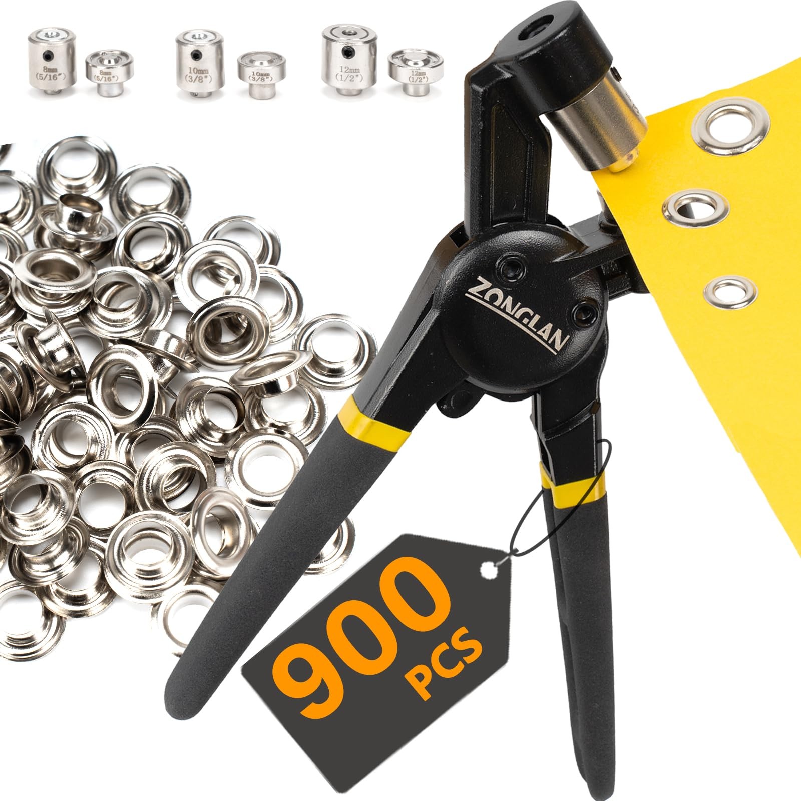 Heavy Duty Grommet Tool Kit with 900 Silver Grommets - 1/2\