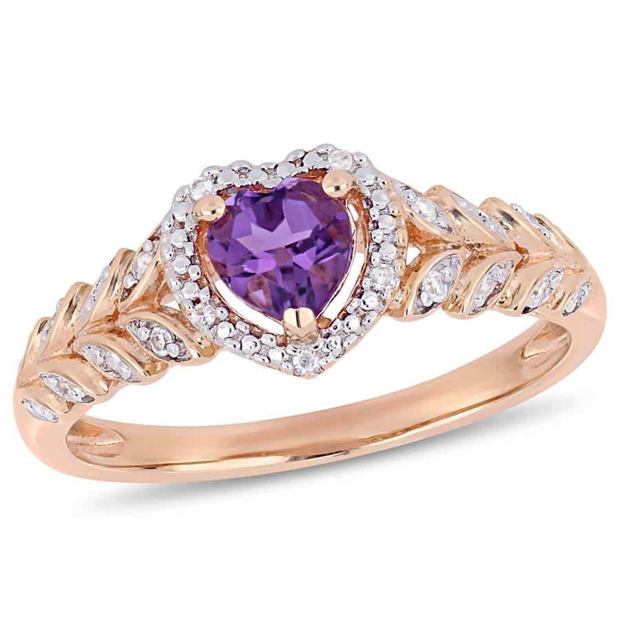 AMOUR 3/8 CT TGW Heart Shaped Amethyst and Diamond Halo Heart Shaped Ring In 10K