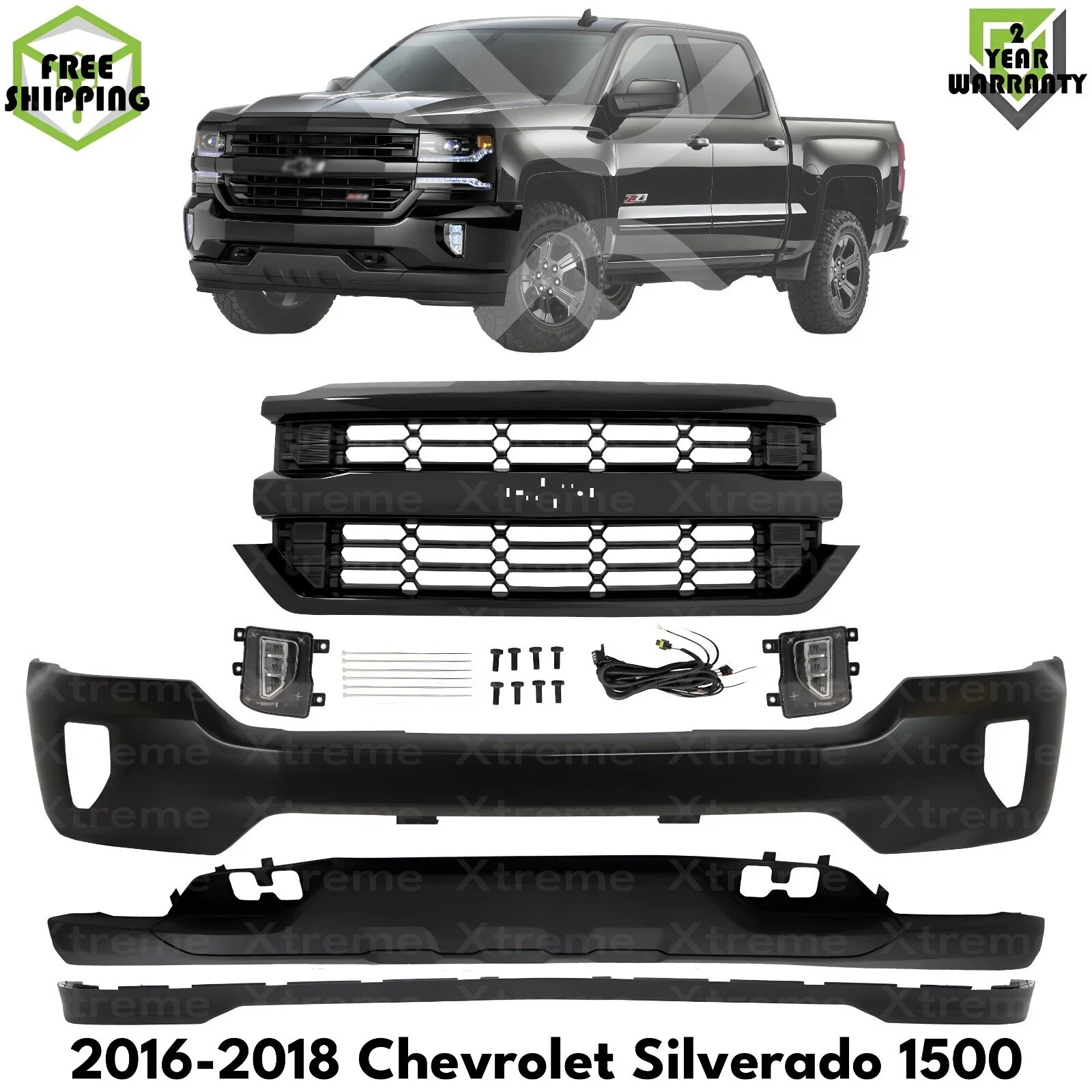 Front Bumper Primed & Grille Assembly Kit For 2016-2018 Chevrolet Silverado 1500