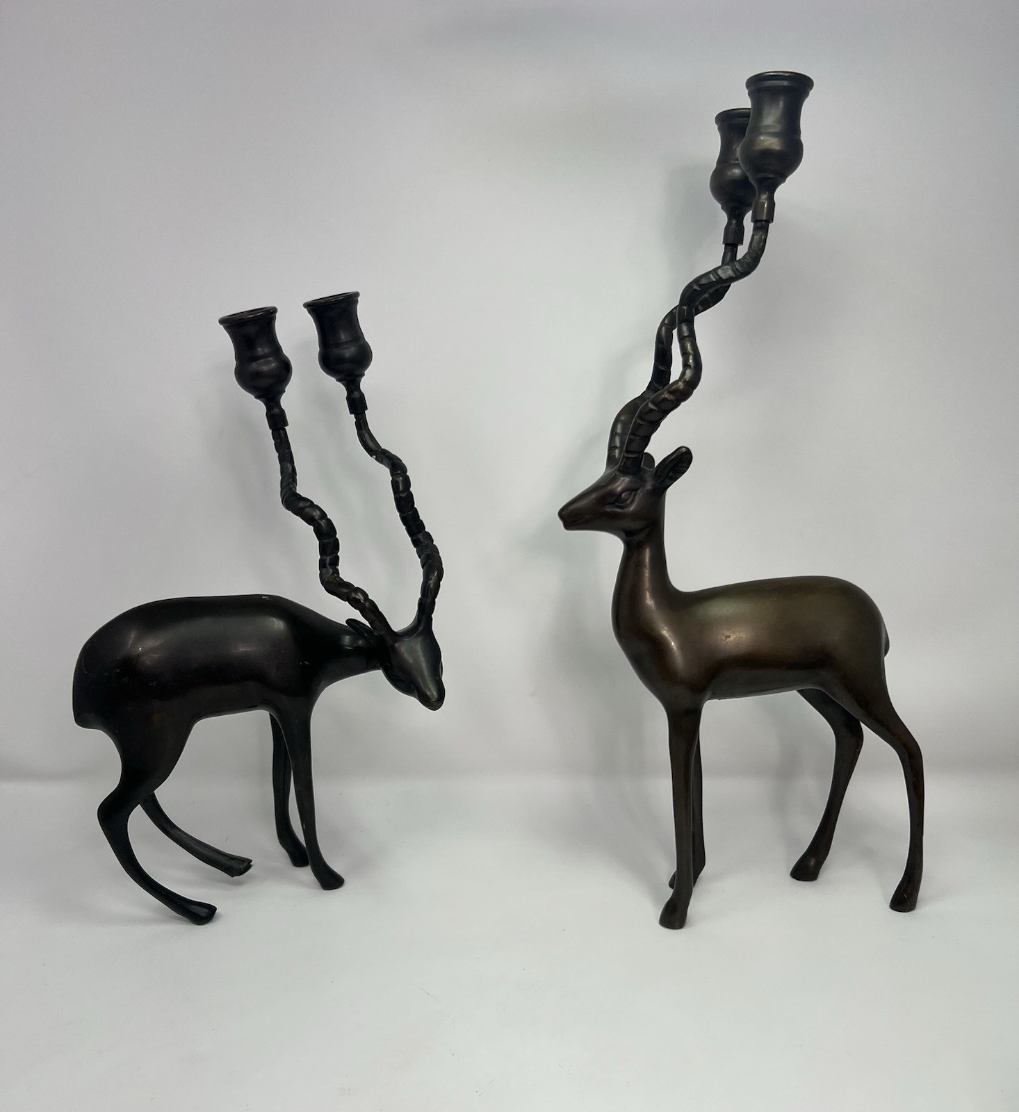 Vintage MCM Brutalist Antelope Gazelle Candle Holders Pair12”& 14.5” Dark Patina