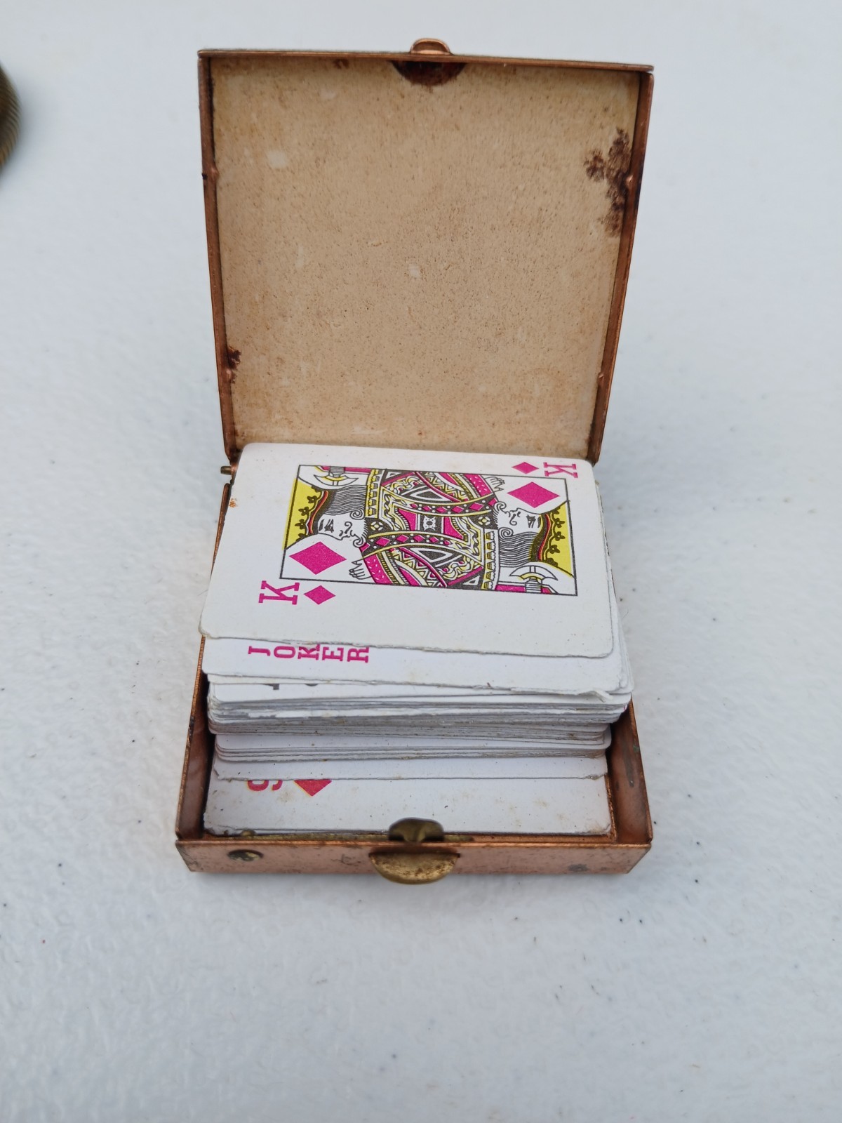Antique Victorian Era Trinket Box Copper Mini Card Set Hand-stich Lid 3.5” RARE 