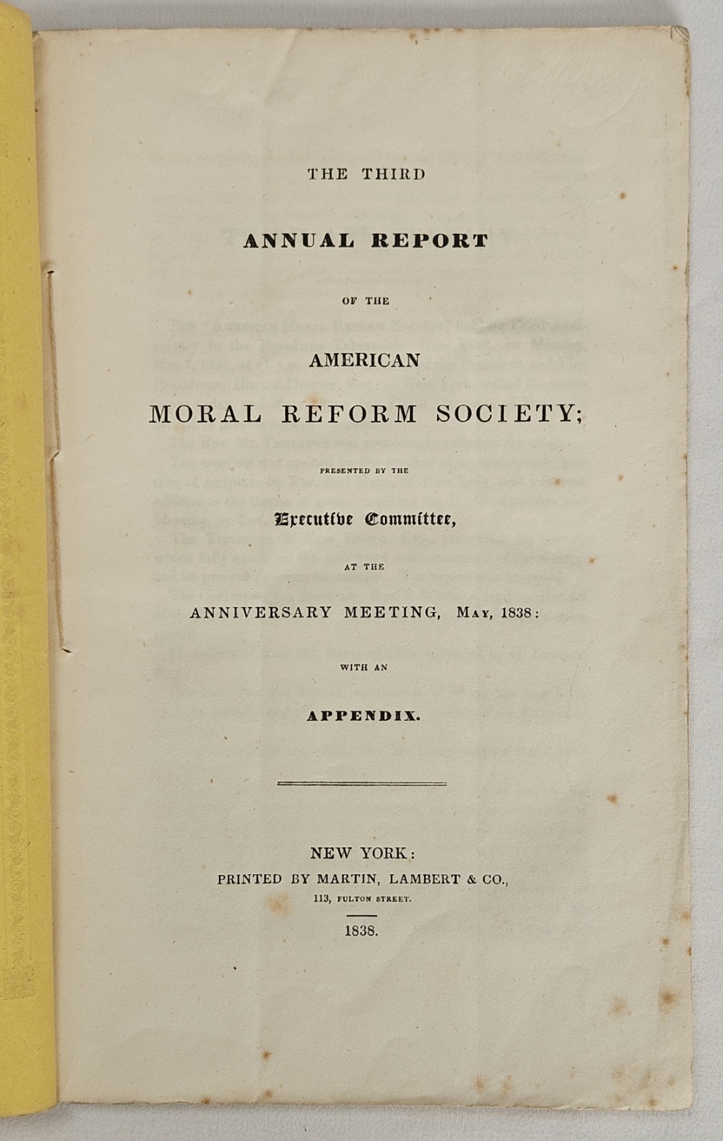 1838 American Moral Reform Society Third Annual Report Sexual Morality Dueling