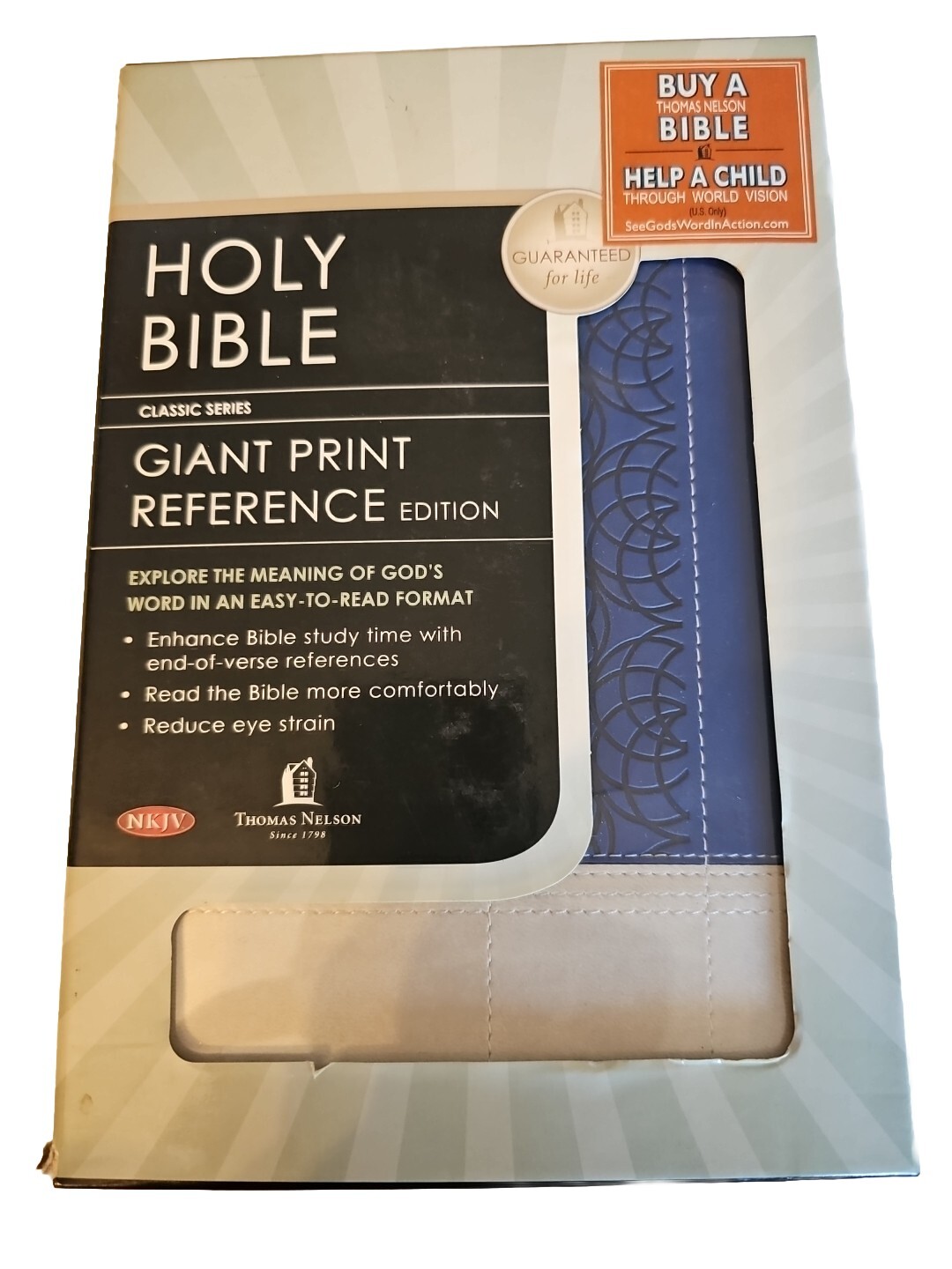 Giant Print Reference Bible NKJV Sapphire Blue Cream Leathersoft LNIB Inscribed 
