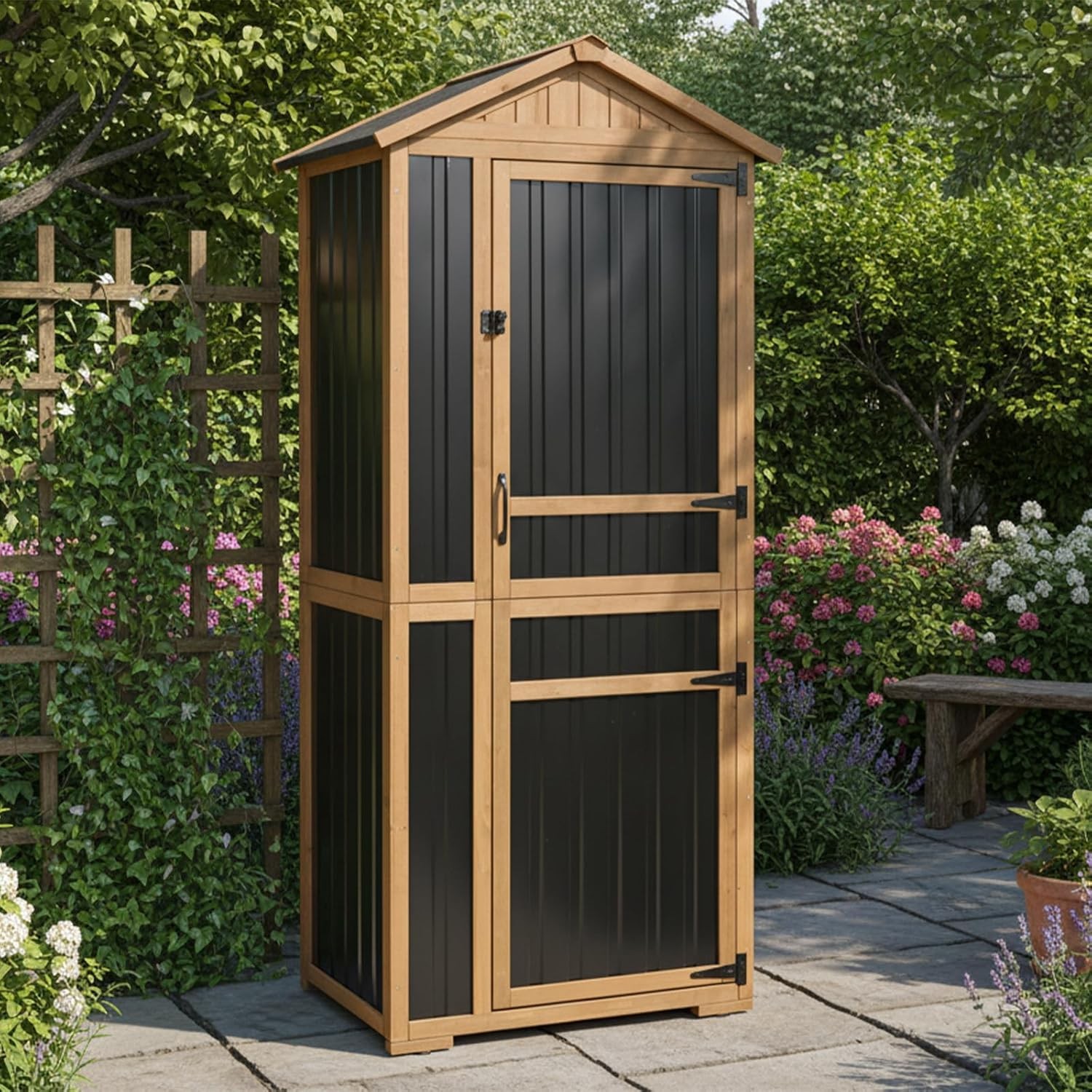 PETSCOSSET Outdoor Storage Cabinet,Wood&Metal Garden Shed with Removable Shelves