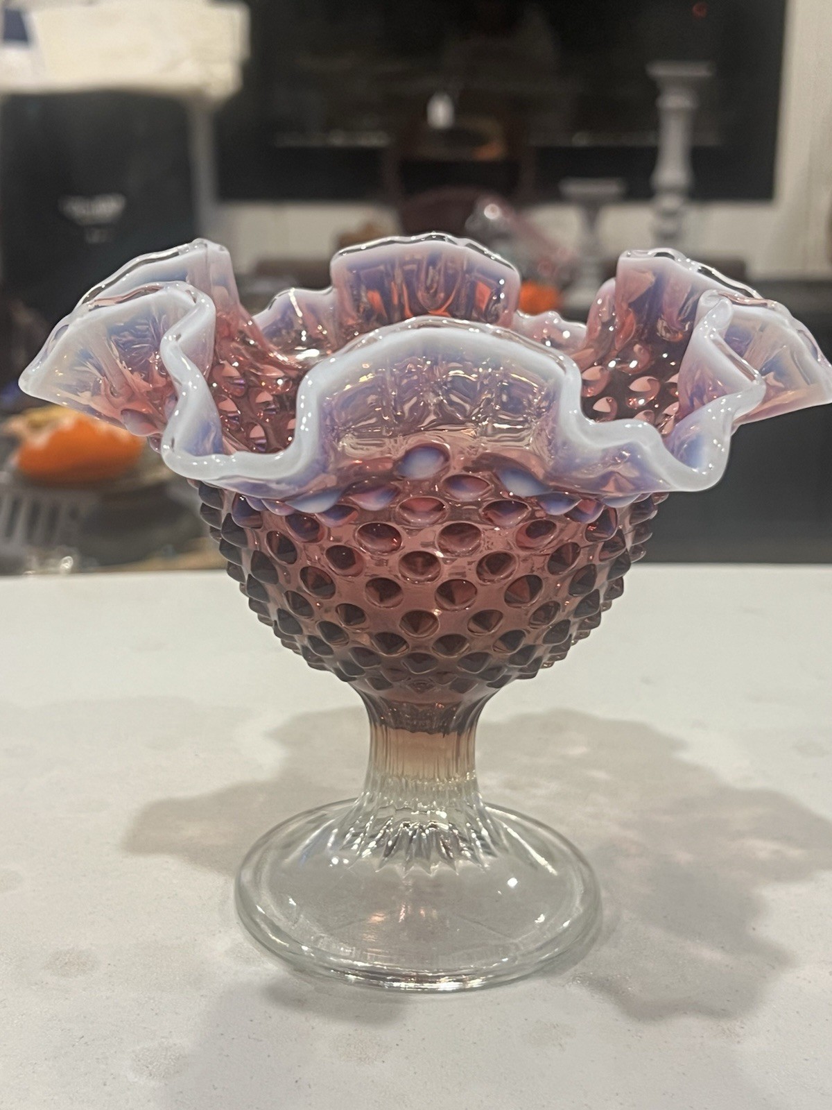 Fenton Plum Opalescent Hobnail Ruffled Pedestal Compote 1959-61 Vintage