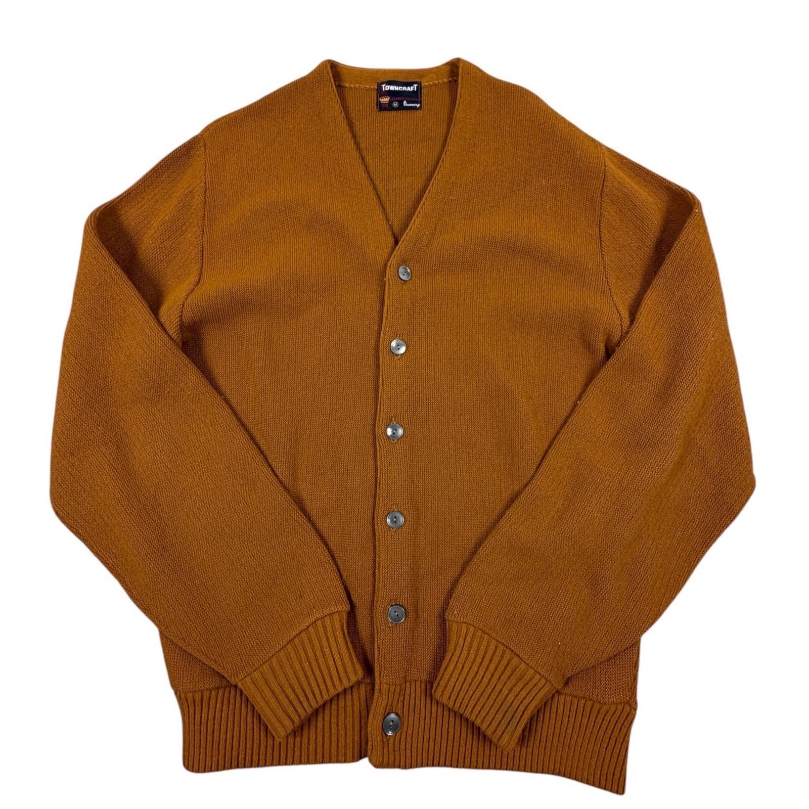 Towncraft Penneys 60s Acrylic Mens Cardigan Sweater V-Neck Rust Brown Medium
