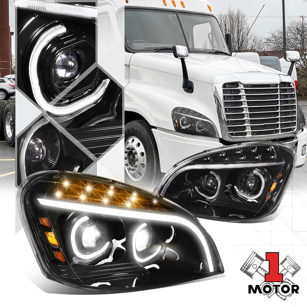 Black LED [C-Halo DRL] Projector Headlight Lamps for 08-17 Freightliner Cascadia
