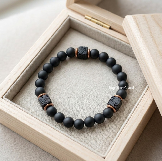 Premium Men's Matte Black Onyx & Lava Rock Cube Bead Stretch Bracelet Healing