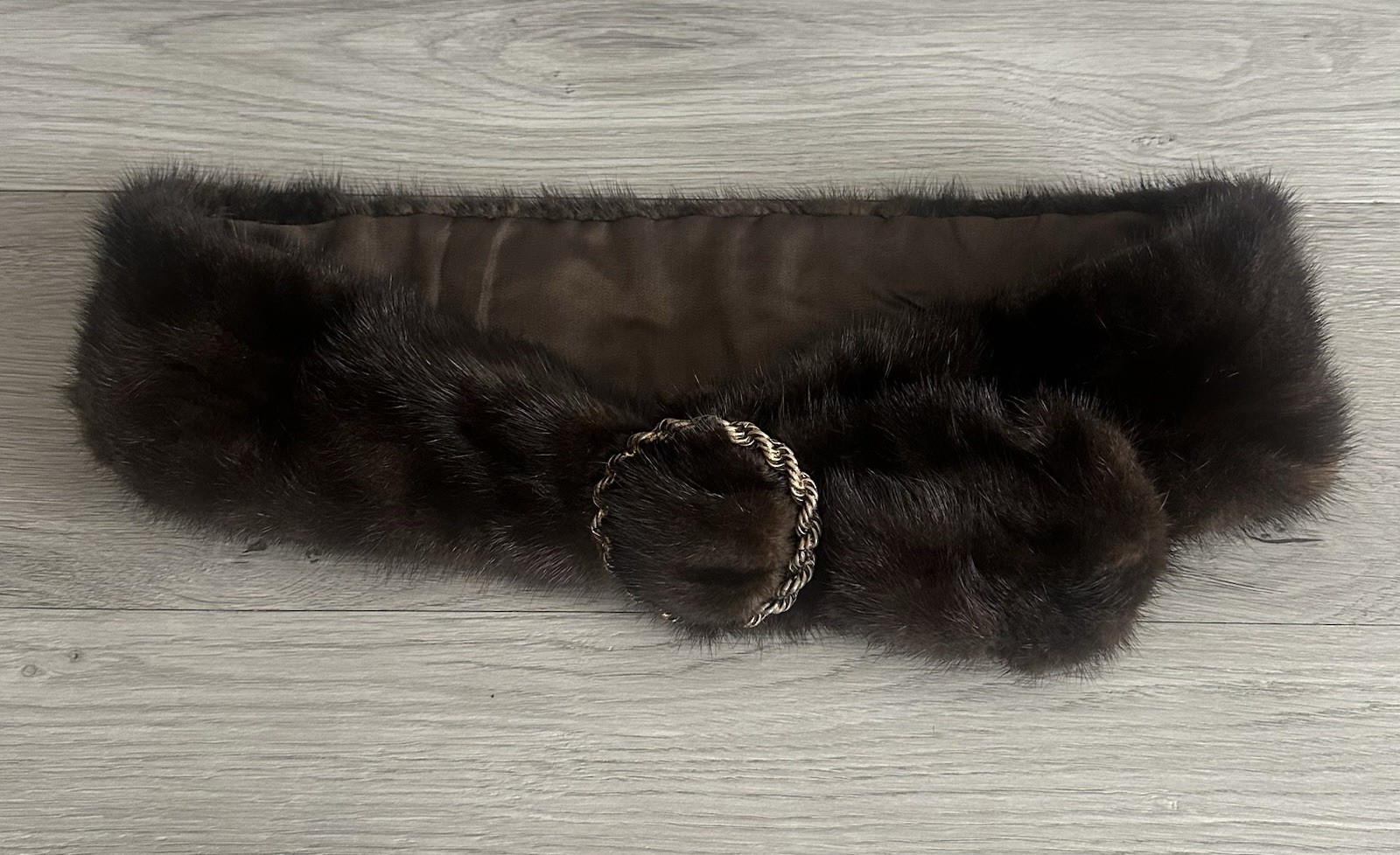 VTG Genuine Mink Fur Belt M/L Dark Brown Satin Lined Gold Tone Buckle 40 Inches