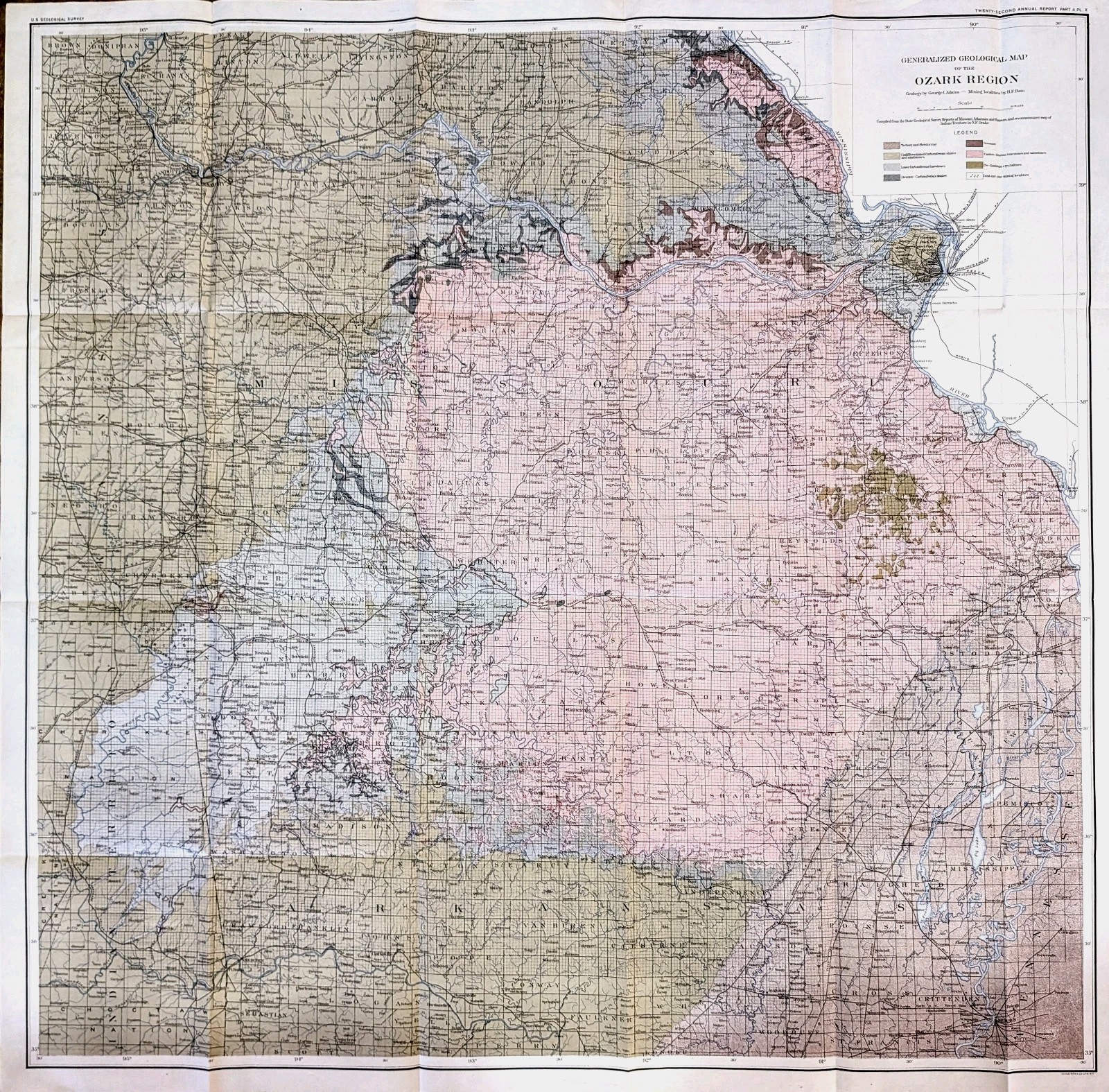 1901 OZARK Region MISSOURI - ARKANSAS Map Large 34x34 Inches ORIGINAL Geological