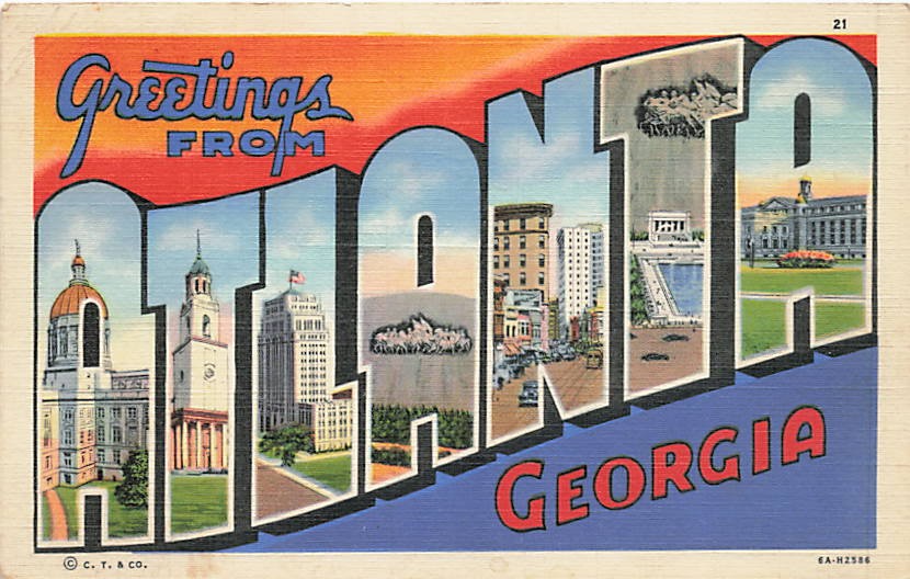 Postcard GA: Greetings From Atlanta, Large Letters, Georgia Linen Posted 1940