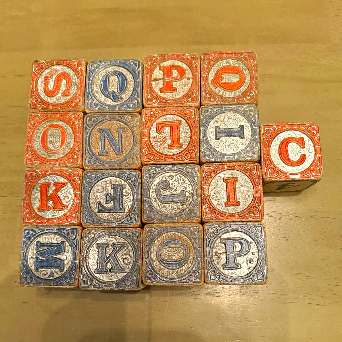 17 Antique 1.75” Wooden Alphabet Blocks Embossed Letters Animal Pictures c1900