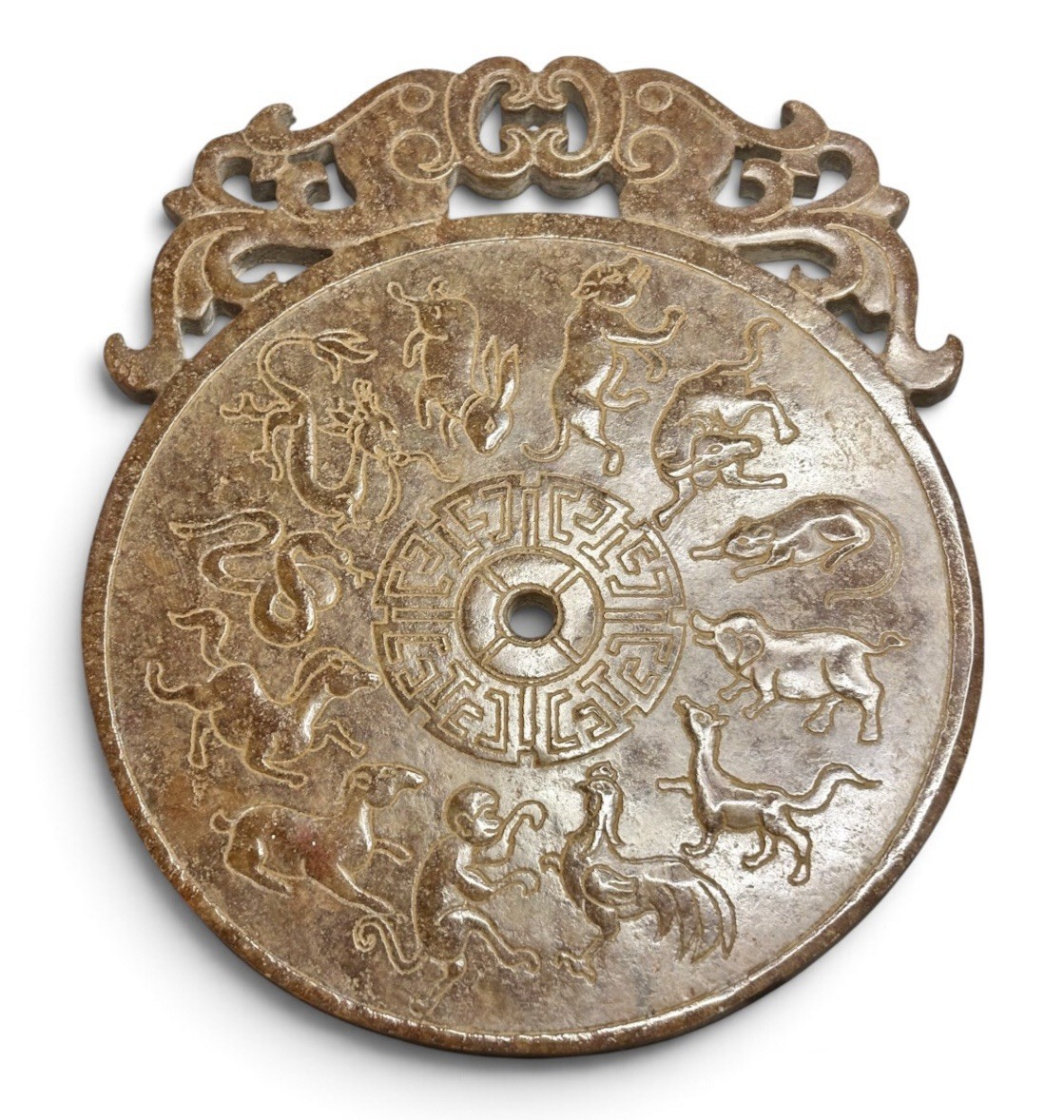 Vintage Chinese Carved Jade Style Stone 12 Zodiac Bi Disc Plaque Archaic 6.75\
