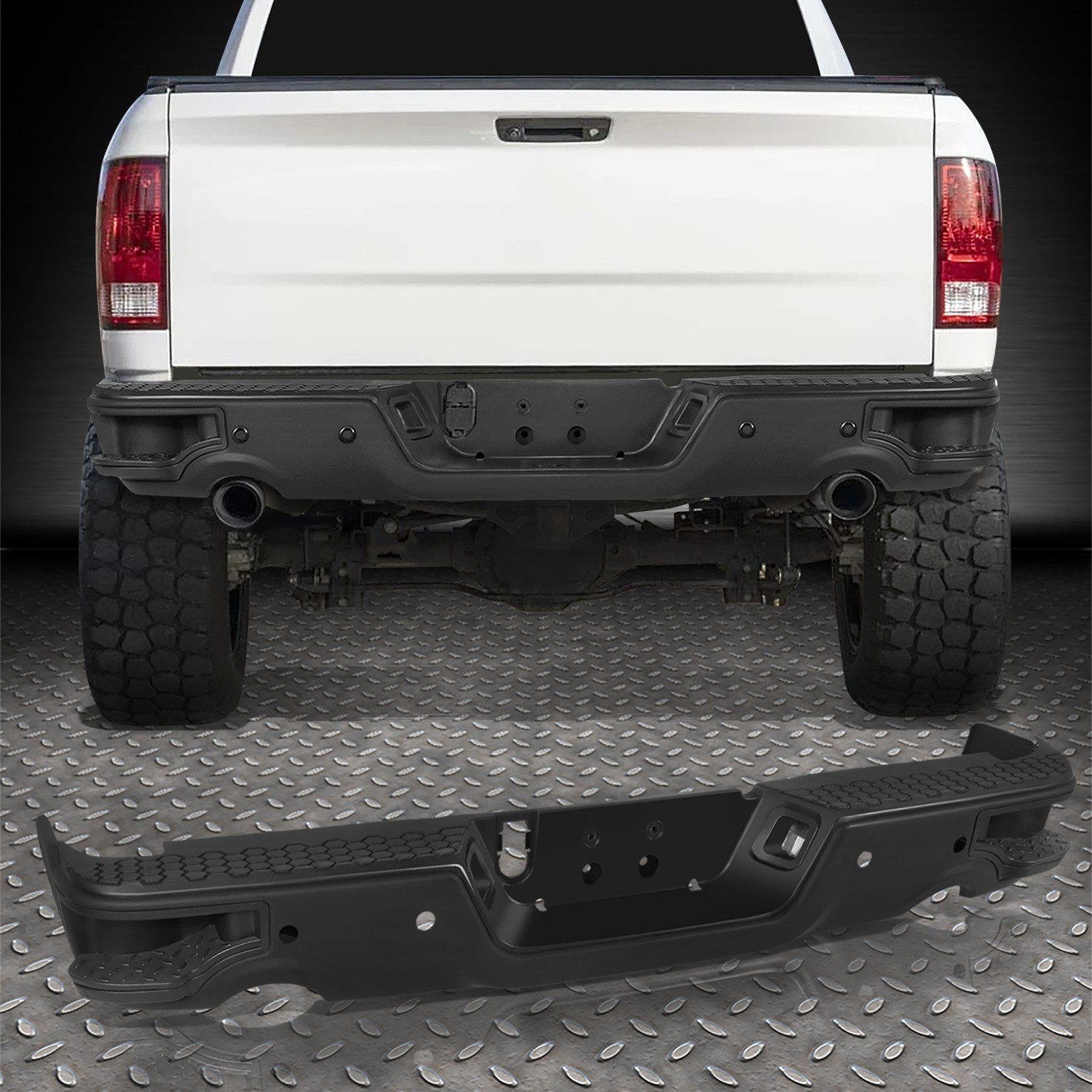 For 09-23 Dodge Ram 1500/Classic Black Rear Bumper w/ Dual Exhaust&Sensor Holes For 09-23 Dodge Ram 1500/Classic Black Rear Bumper w/ Dual Exhaust&Sensor Holes