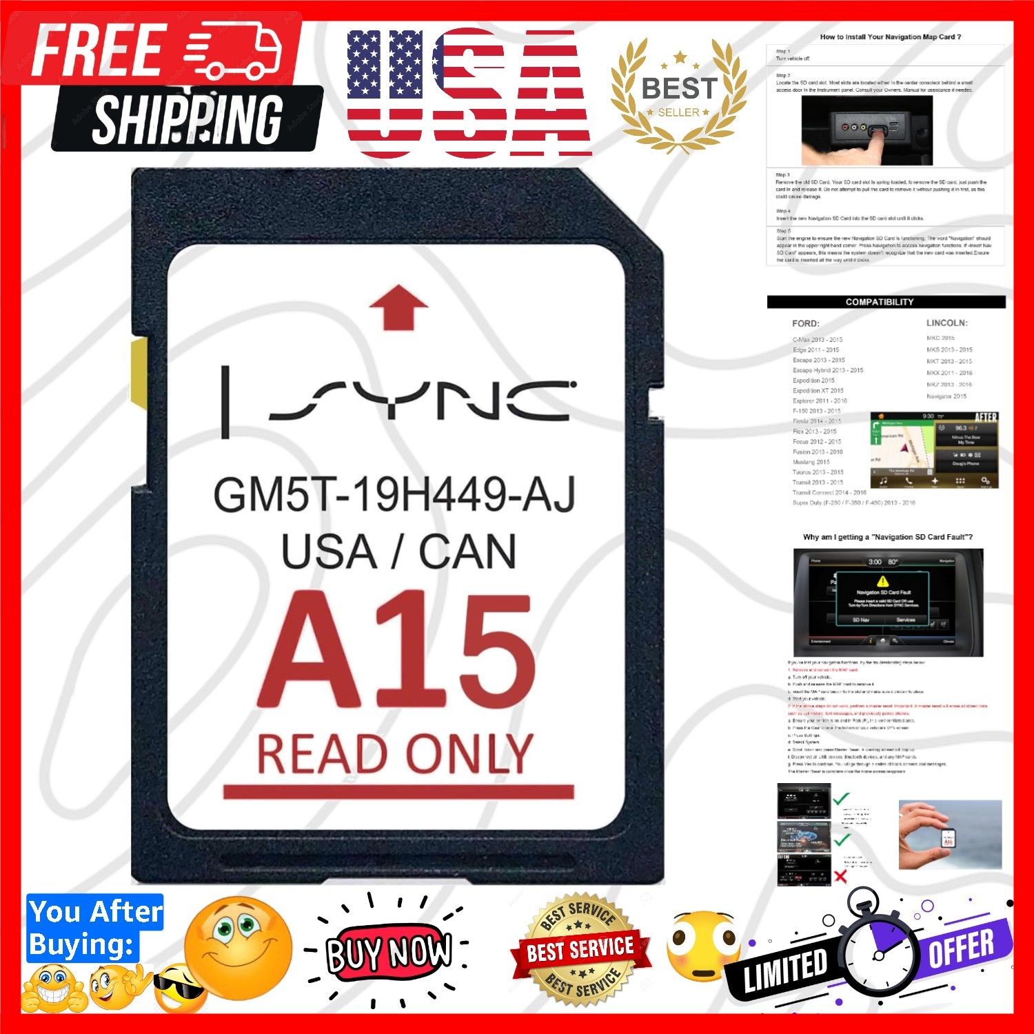 2026 Latest A15 Navigation SD Card Compatible with Ford/Lincoln, MKC MKZ MKX ...