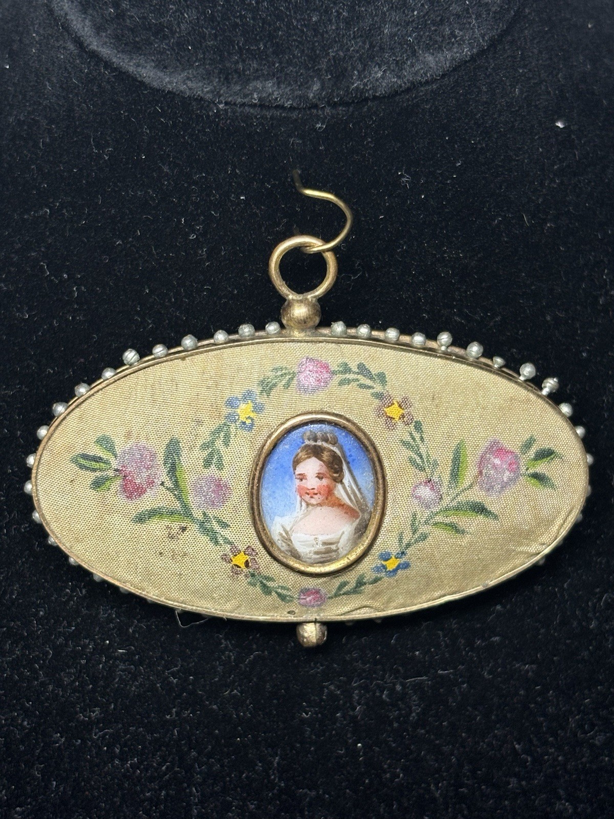 RARE Early Victorian Pin Cushion Portrait Pendant, Gold Plated