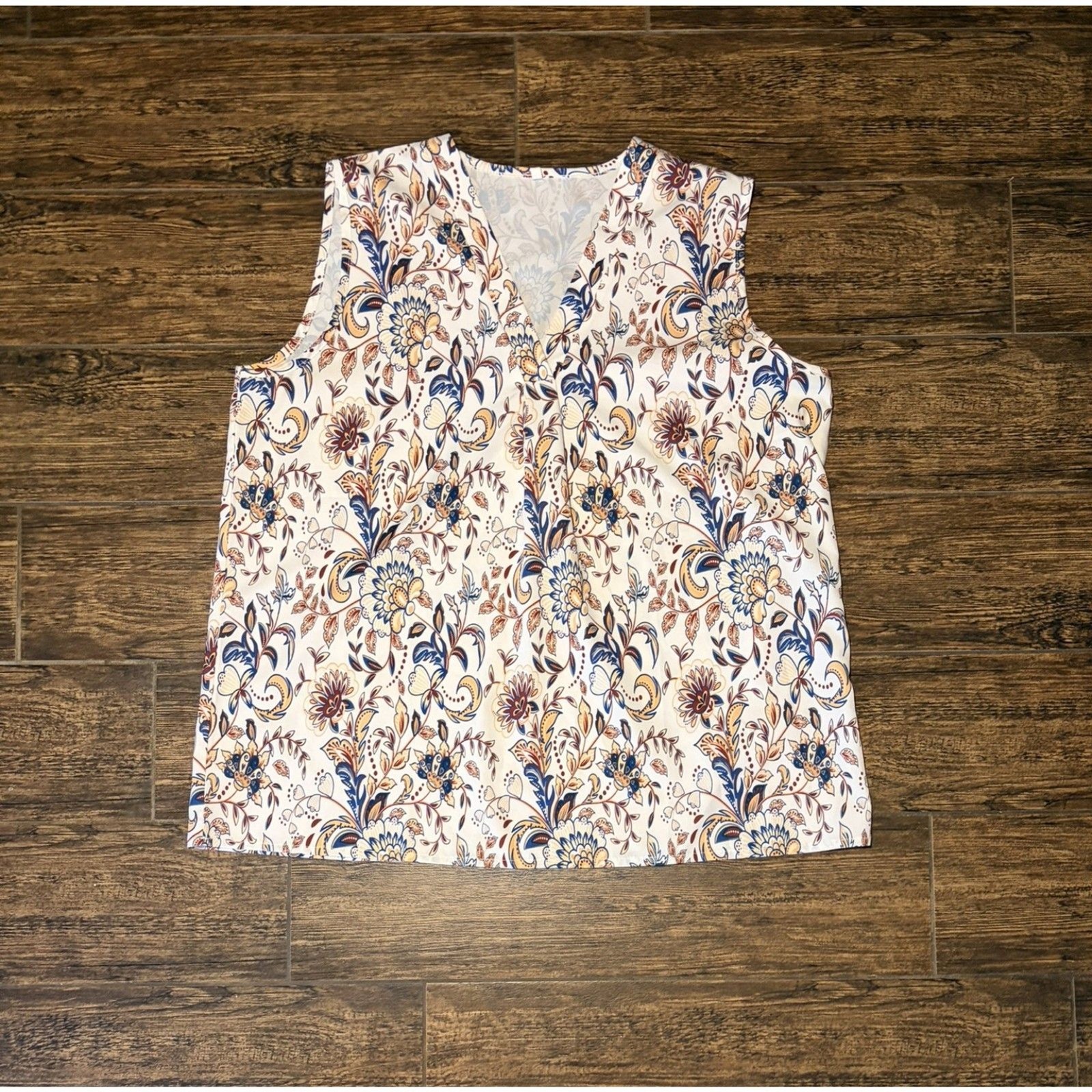 Ivory Blue & Rust Paisley Floral V-Neck Sleeveless Blouse - XXL