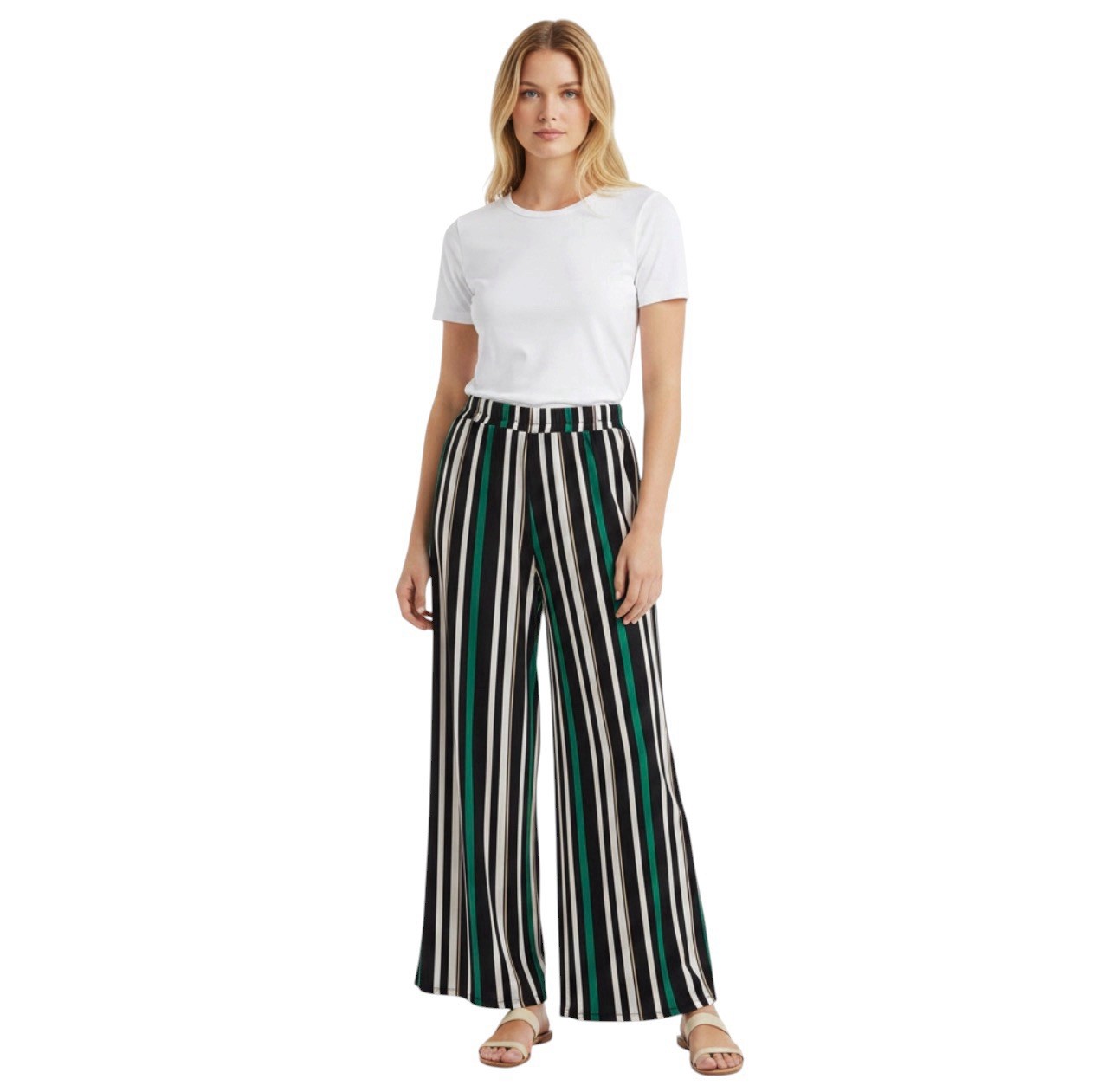 Alfani Women Pull On Wide Pants Striped Green Black Multicolored XL