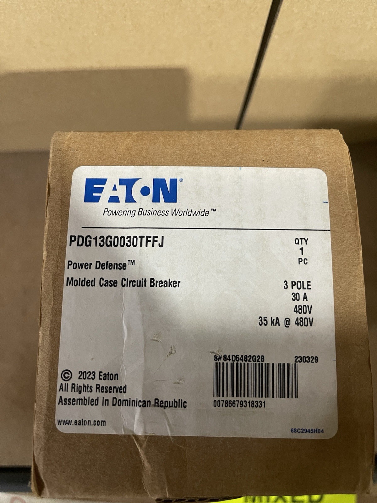 Eaton PDG13G0030TFFJ Power Defense 3 Pole 30A Molded Case Circuit Breaker