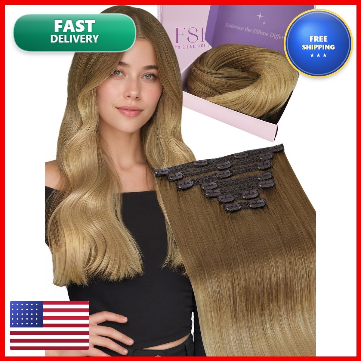Fshine Clip in Hair Extensions Human Hair Balayage 16in 105g 7pcs