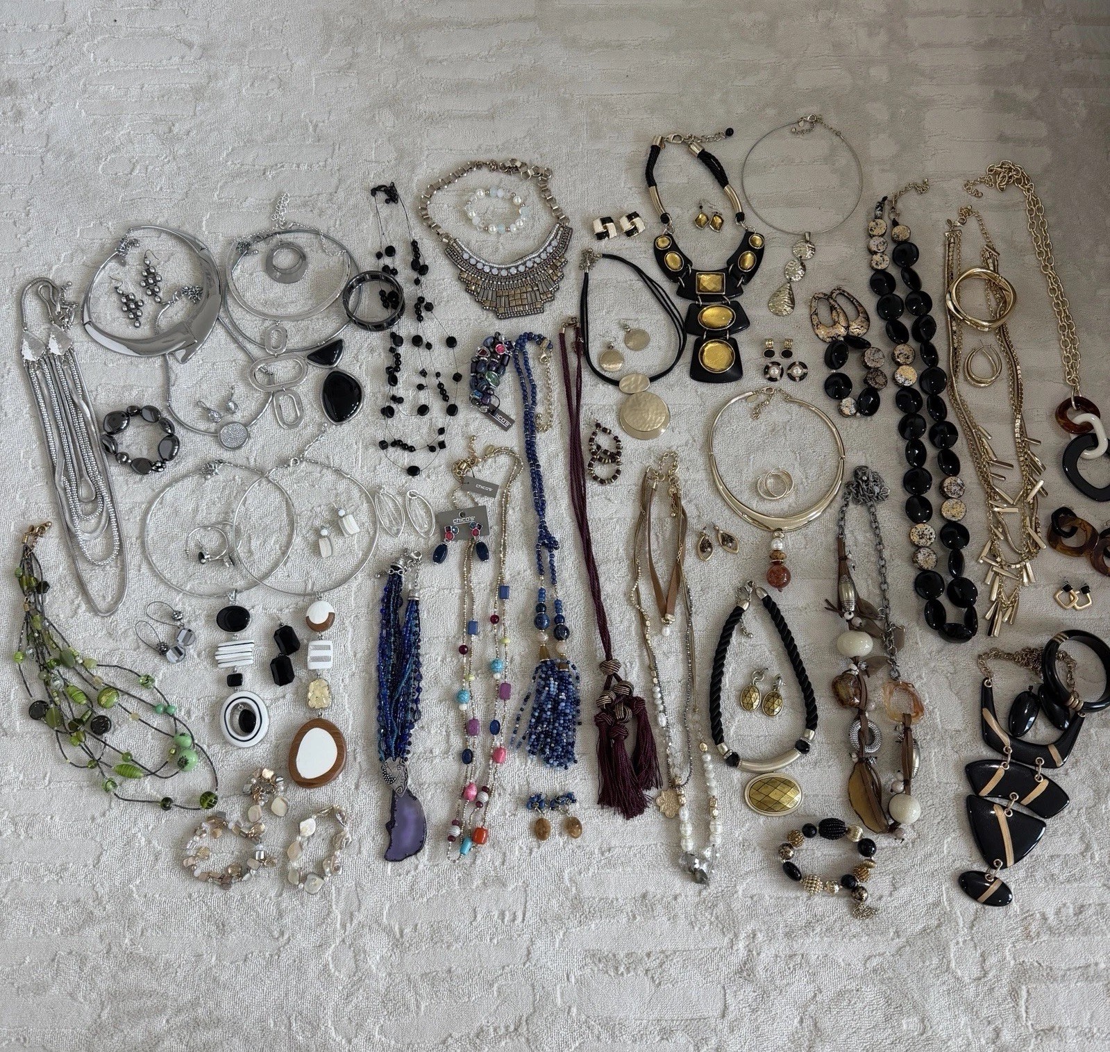 Lot of 50 Chico’s Jewelry Necklace Earring Bracelet Gold Silver Stone Statement Lot of 50 Chico’s Jewelry Necklace Earring Bracelet Gold Silver Stone Statement