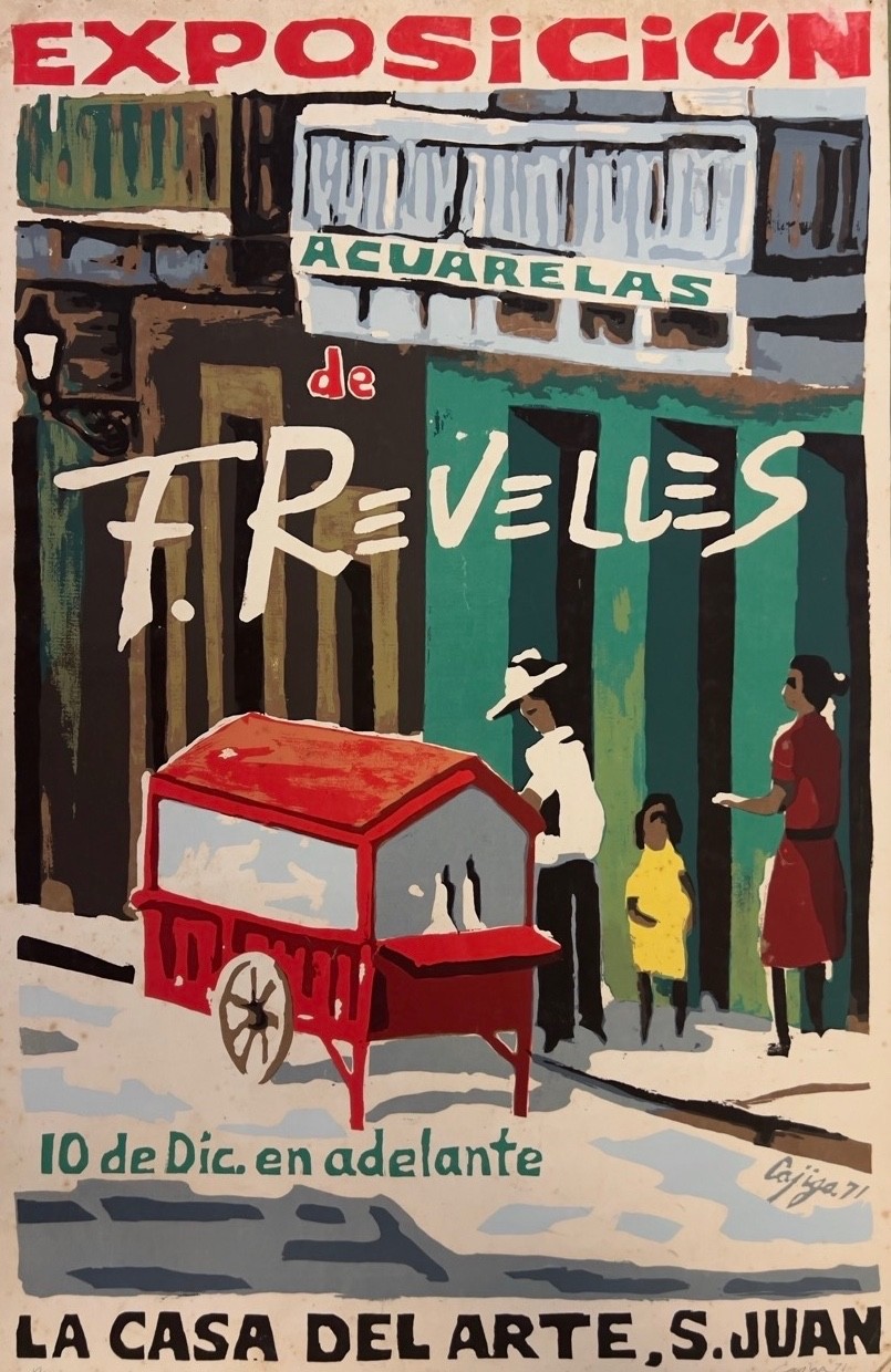 1971 F. Revelles Watercolor Exhibition Print, Casa del Arte San Juan Puerto Rico