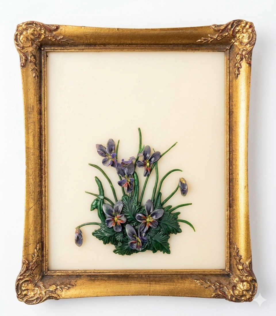 Vintage 3D Wax Relief Floral Wall Plaque Framed Purple Violets Botanical 7x6