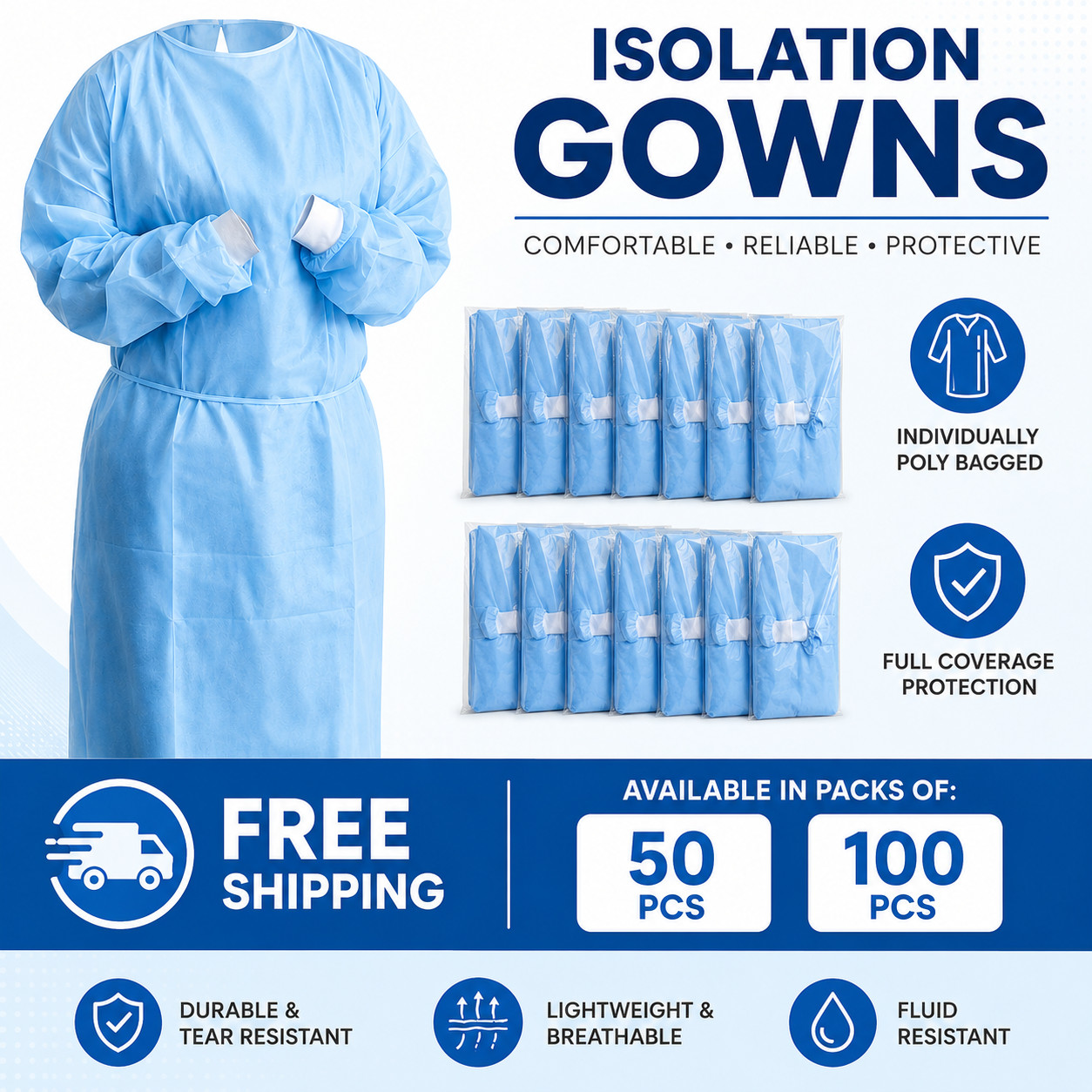 Isolation Gowns Disposable AAMI Level 3 Blue Medical Size LARGE- 50/100 PCS