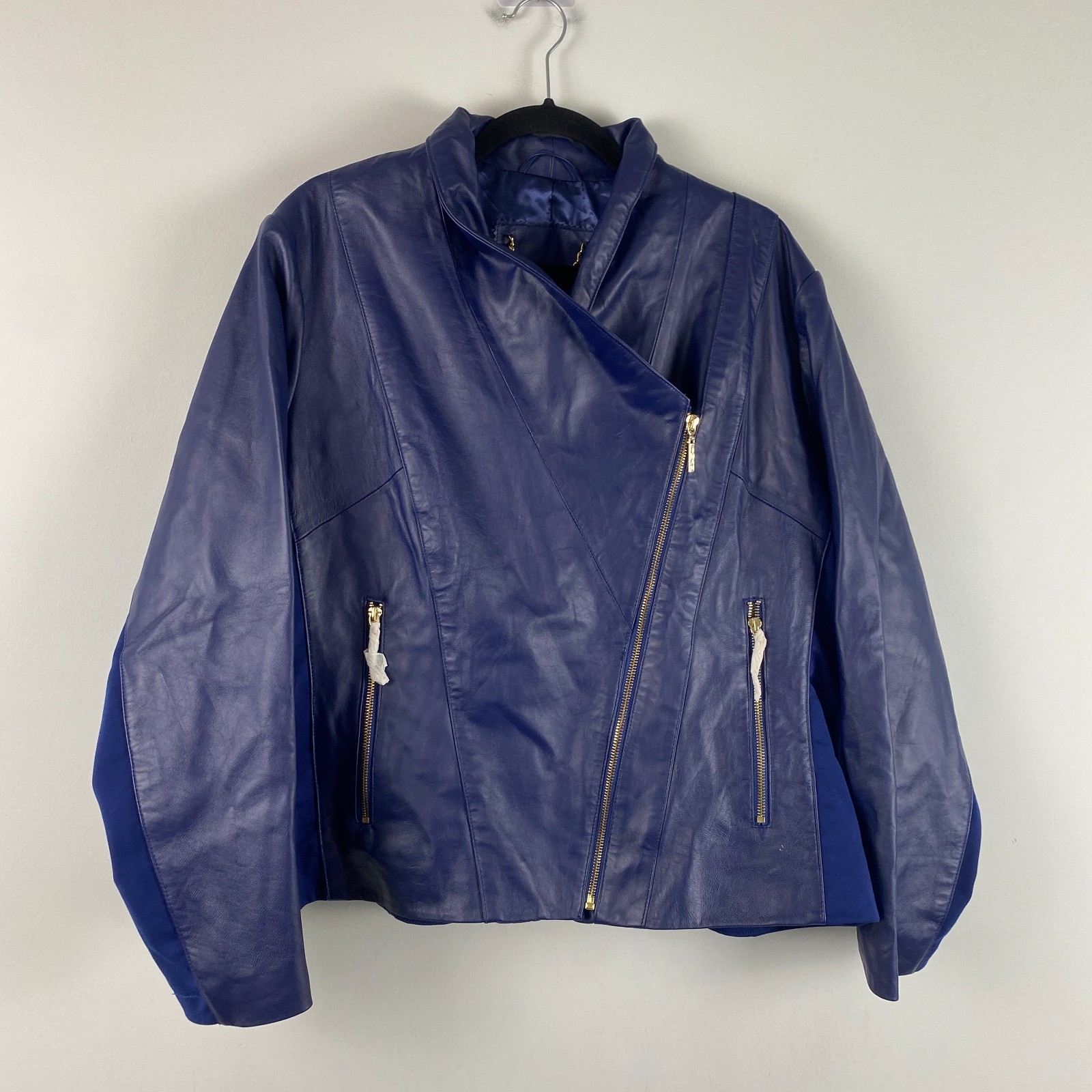 IMAN Global Chic Womens Blue Genuine Leather Moto Jacket Size 2X Gold Hardware
