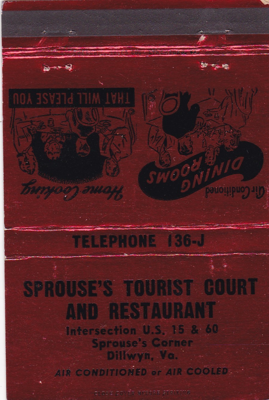 Sprouse's Tourist Court Motel & Restaurant Dillwyn Virginia Matchbook 1950's