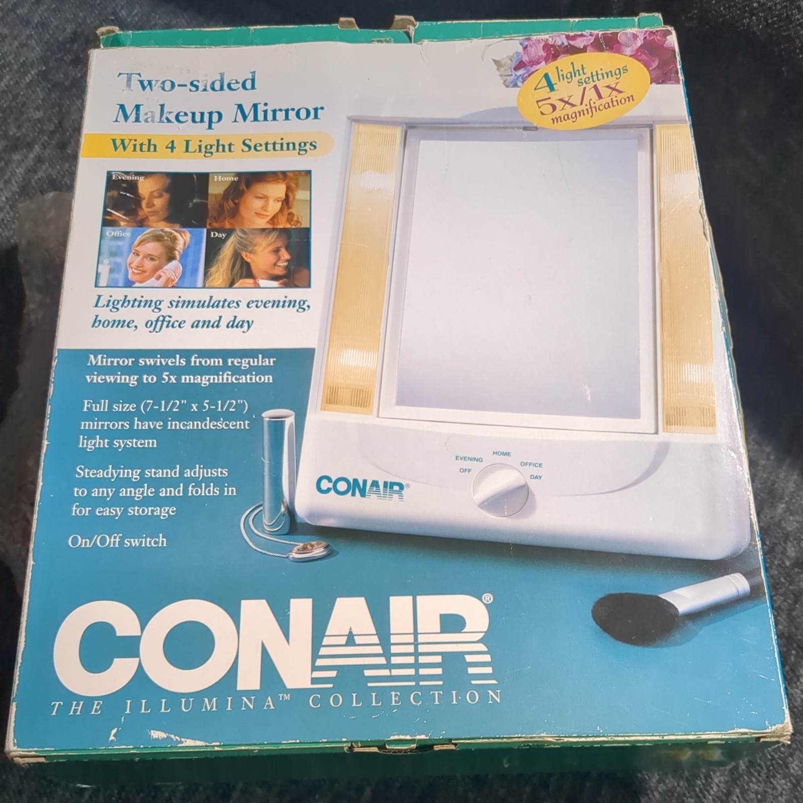 Vintage Conair 2000 NOS Two Sided Makeup Mirror 4 Light Settings Open Box Works Vintage Conair 2000 NOS Two Sided Makeup Mirror 4 Light Settings Open Box Works