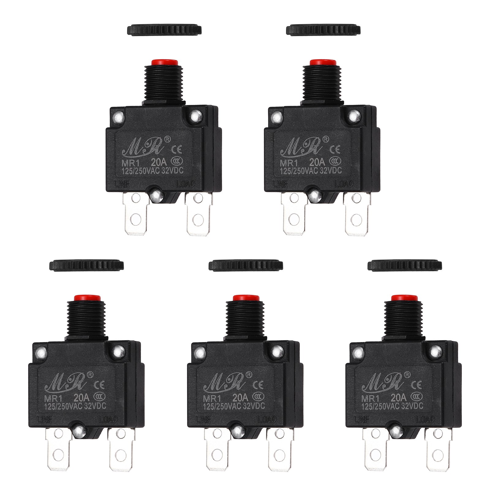 5 Pcs 20Amp 125/250V AC 32V DC Push Button Manual Reset Circuit Breaker Red 5 Pcs 20Amp 125/250V AC 32V DC Push Button Manual Reset Circuit Breaker Red