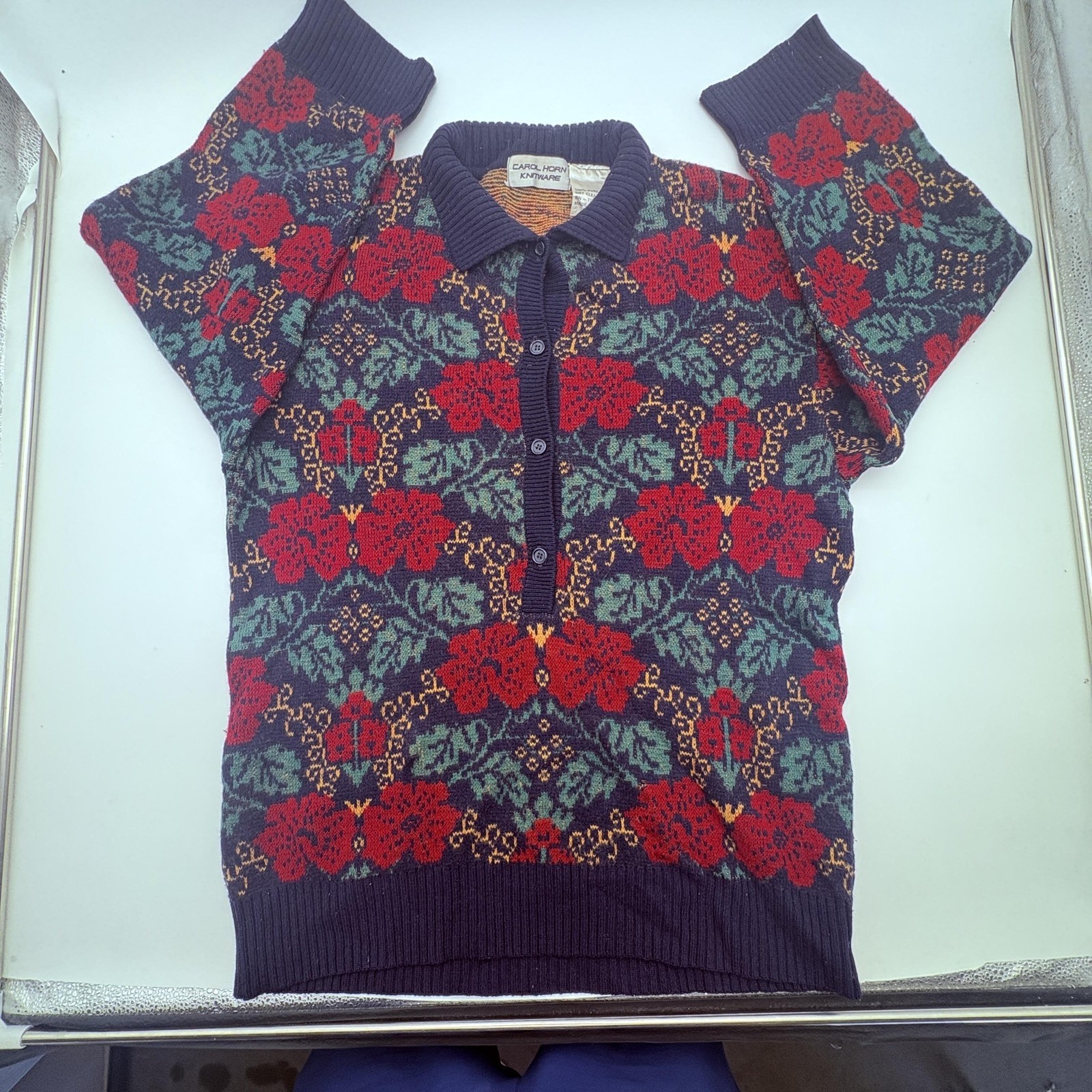 Vintage Carol Horn Knitware Sweater Womens Medium Blue Floral Wool Collared