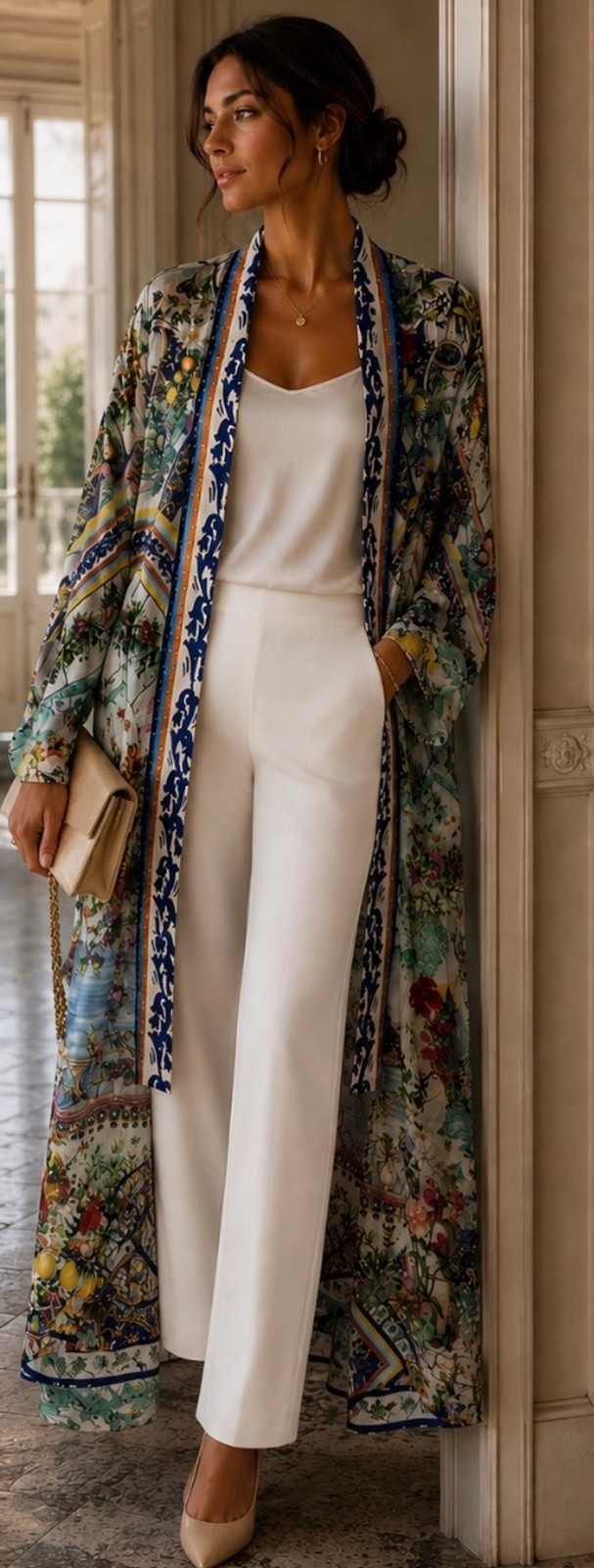 Camilla Floral Print Silk Kimono Duster or Swim Coverup, Size S/M White/Blue Camilla Floral Print Silk Kimono Duster or Swim Coverup, Size S/M White/Blue