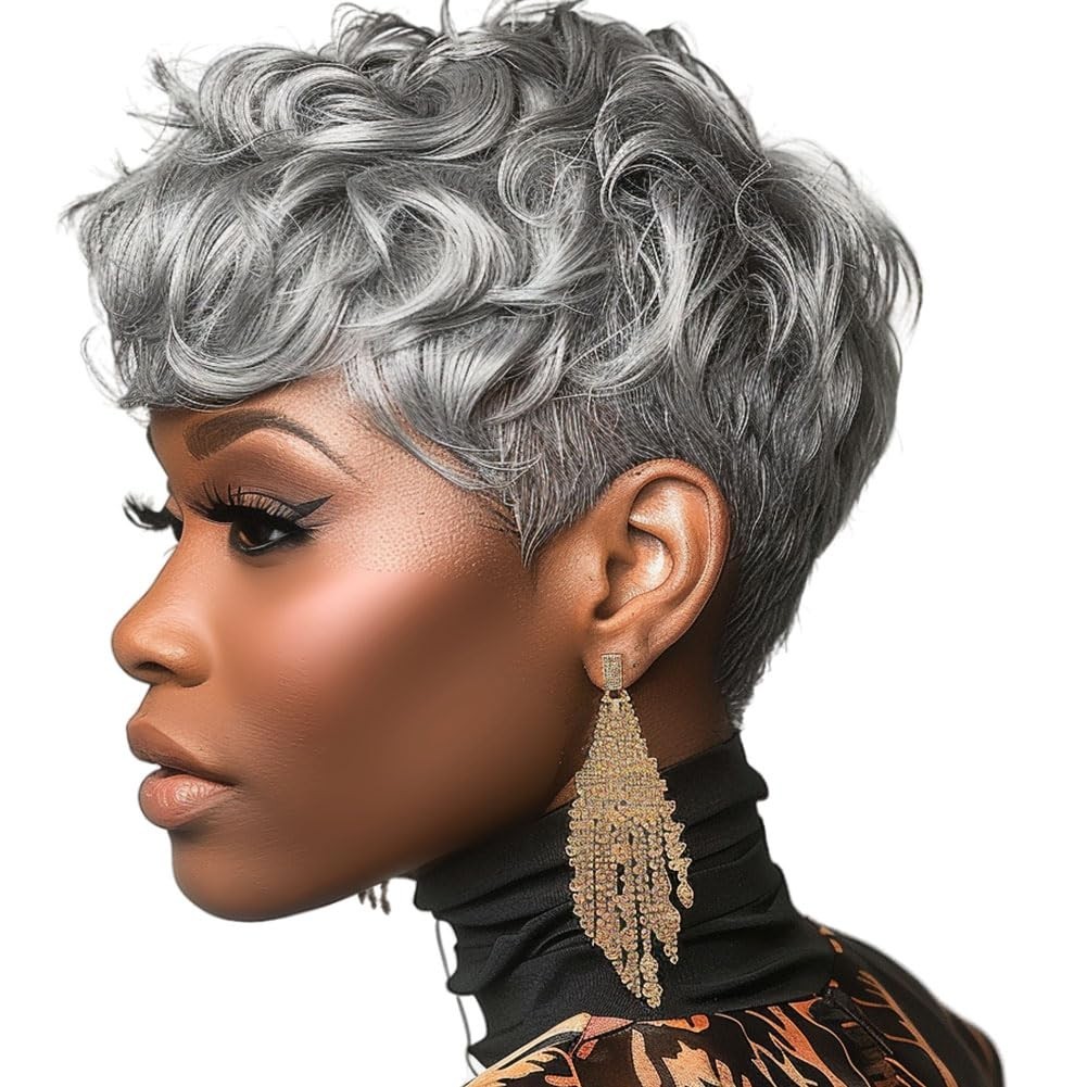 Elegant Short Grey Pixie Cut Wig for Black Women - Stylish Synthetic Hair