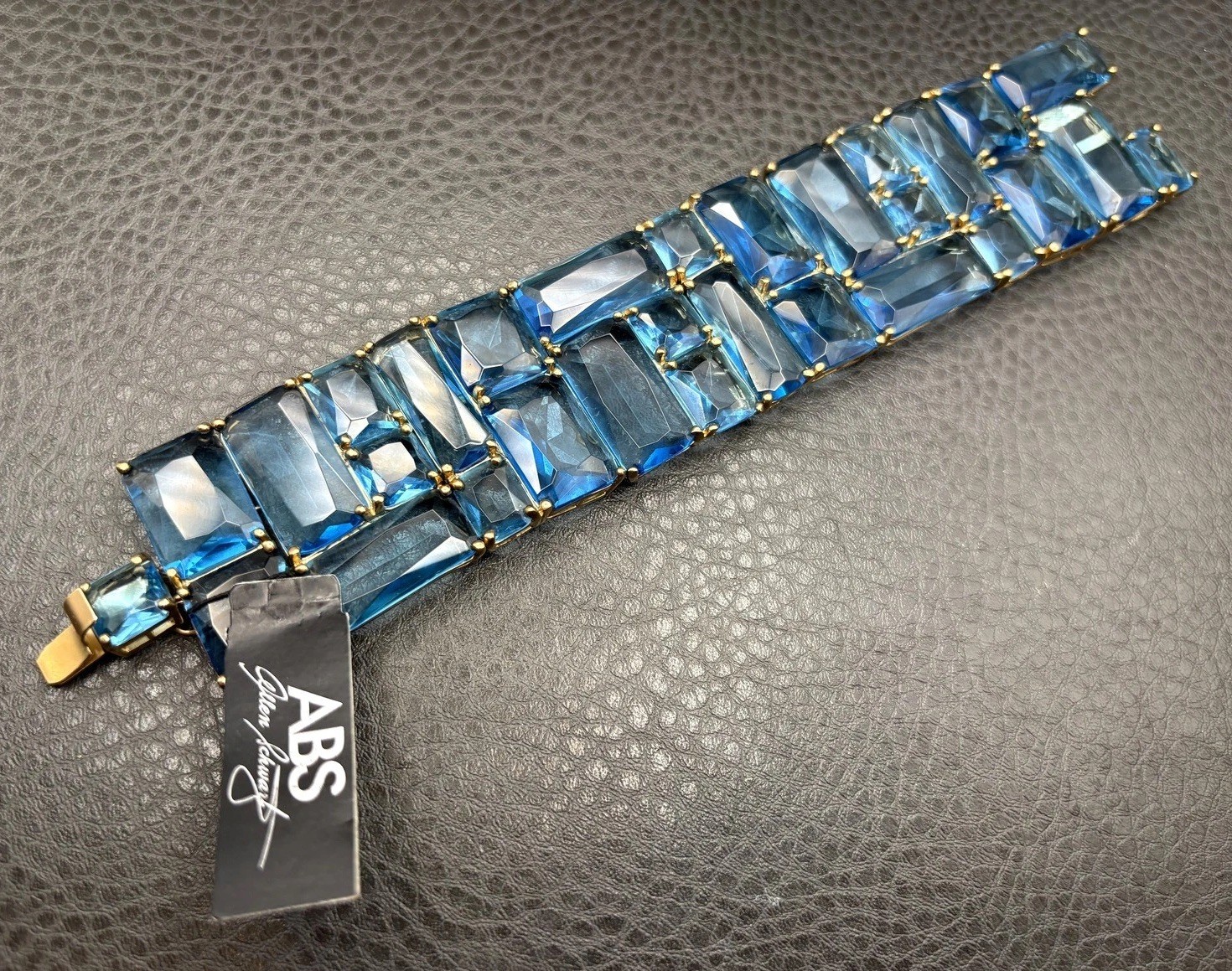 VTG Allen B Schwartz ABS 90’s Blue Crystal Rhinestone Wide Chunky Panel Bracelet